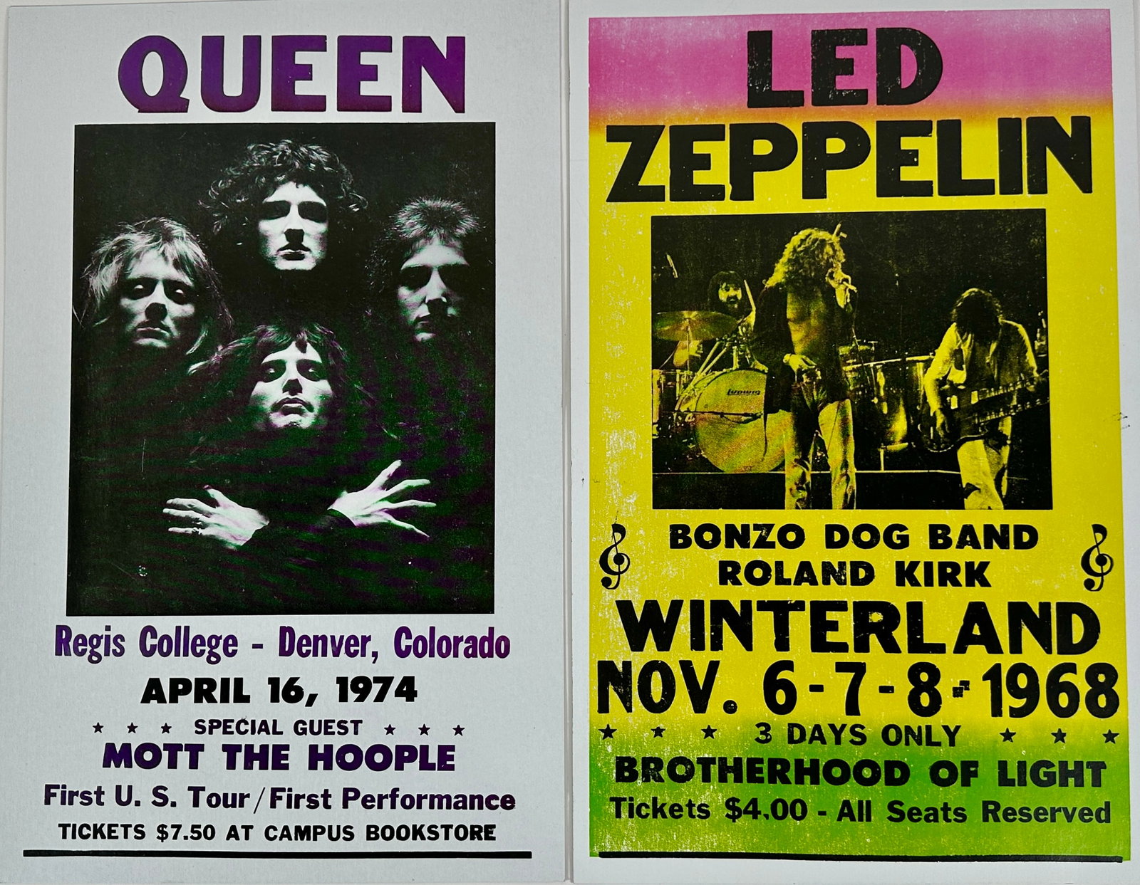 LED ZEPPELIN - QUEEN - MUSIC ADVERTISING: PAIR OF REPRODUCTION WINDOW CARDS ADVERTISING LED ZEPPELIN AND QUEEN. APPROX. 14"X22"