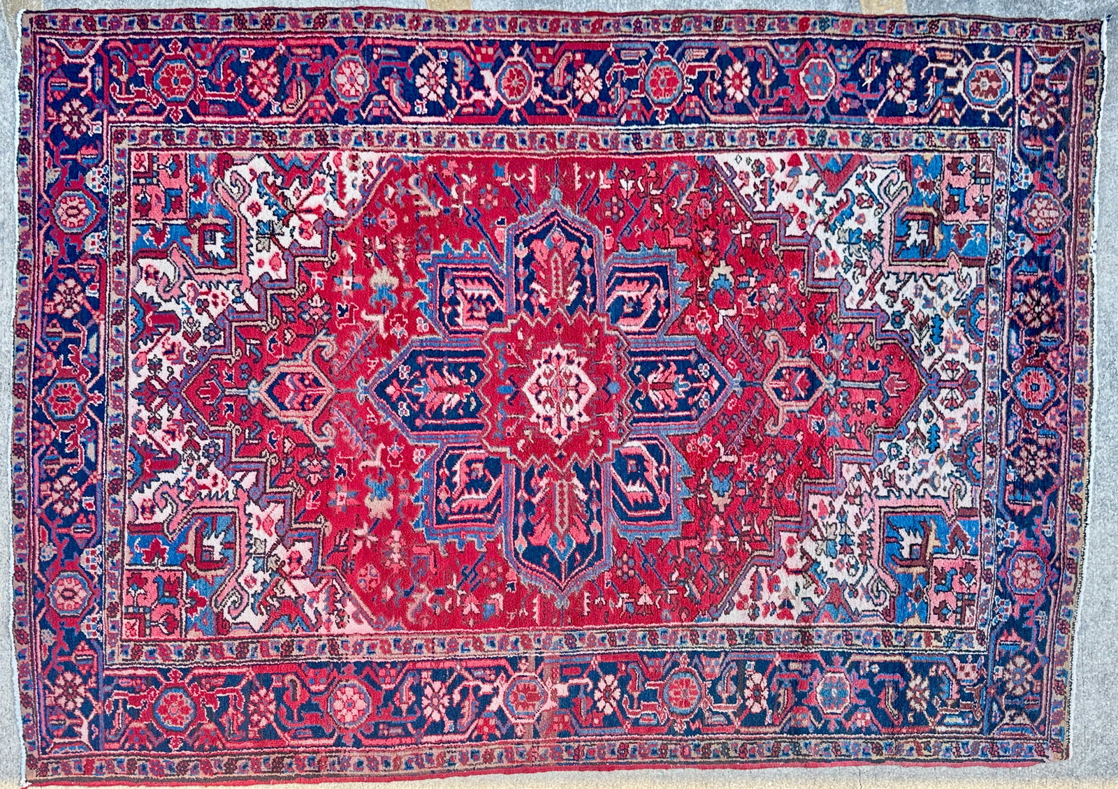 VINTAGE PERSIAN HERIZ AREA CARPET: RUGS, CARPETS. COLOR BLEED. 76"X109"