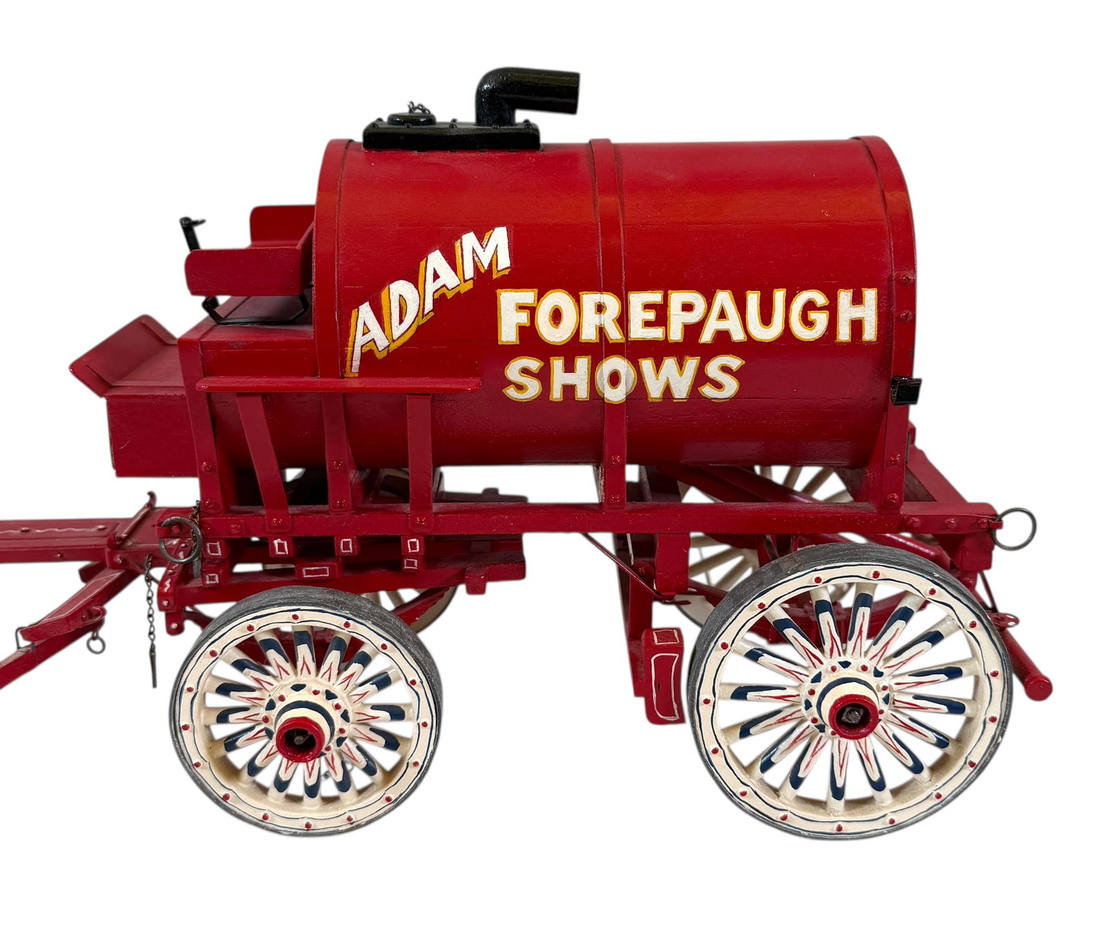 BACKSTEIN - FOREPAUGH SHOWS CIRCUS WAGON MODEL: FOLK ART - SCRATCH BUILT CIRCUS MODEL BY THE BACKSTEIN (ATTR.) CIRCUS MODEL SHOP. VINTAGE MODEL PORTRAYING THE ADAM FOREPAUGH SHOWS WATER WAGON #26. UNMARKED. 13"X6"X9". BUCKLES WOODCOCK