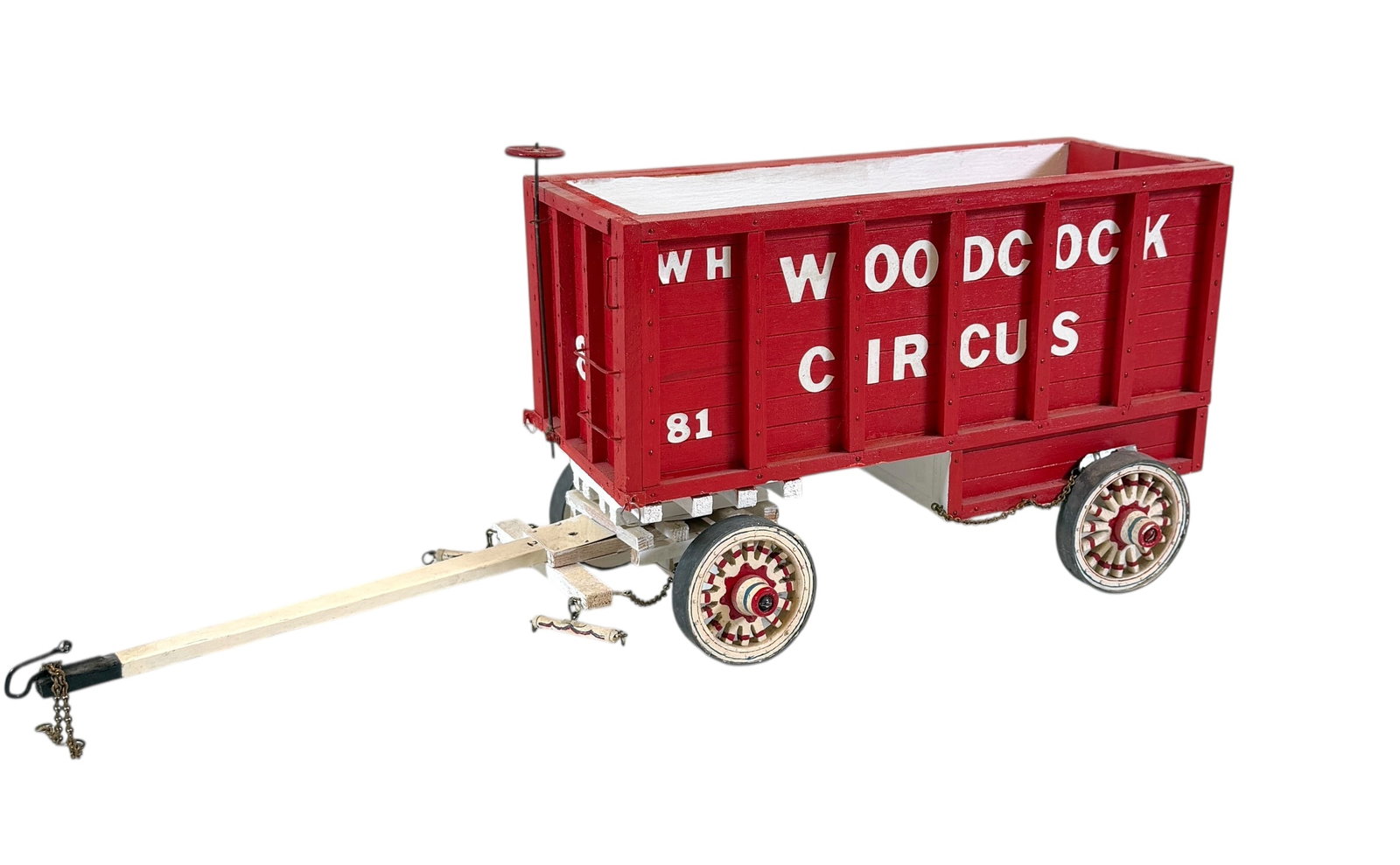 CIRCUS WAGON MODEL #81: FOLK ART - KIT BUILT CIRCUS WAGON PORTRAYING THE WOODCOCK CIRCUS (FANTASY). UNSIGNED. 12"X6"X5". BUCKLES WOODCOCK COLLECTION.