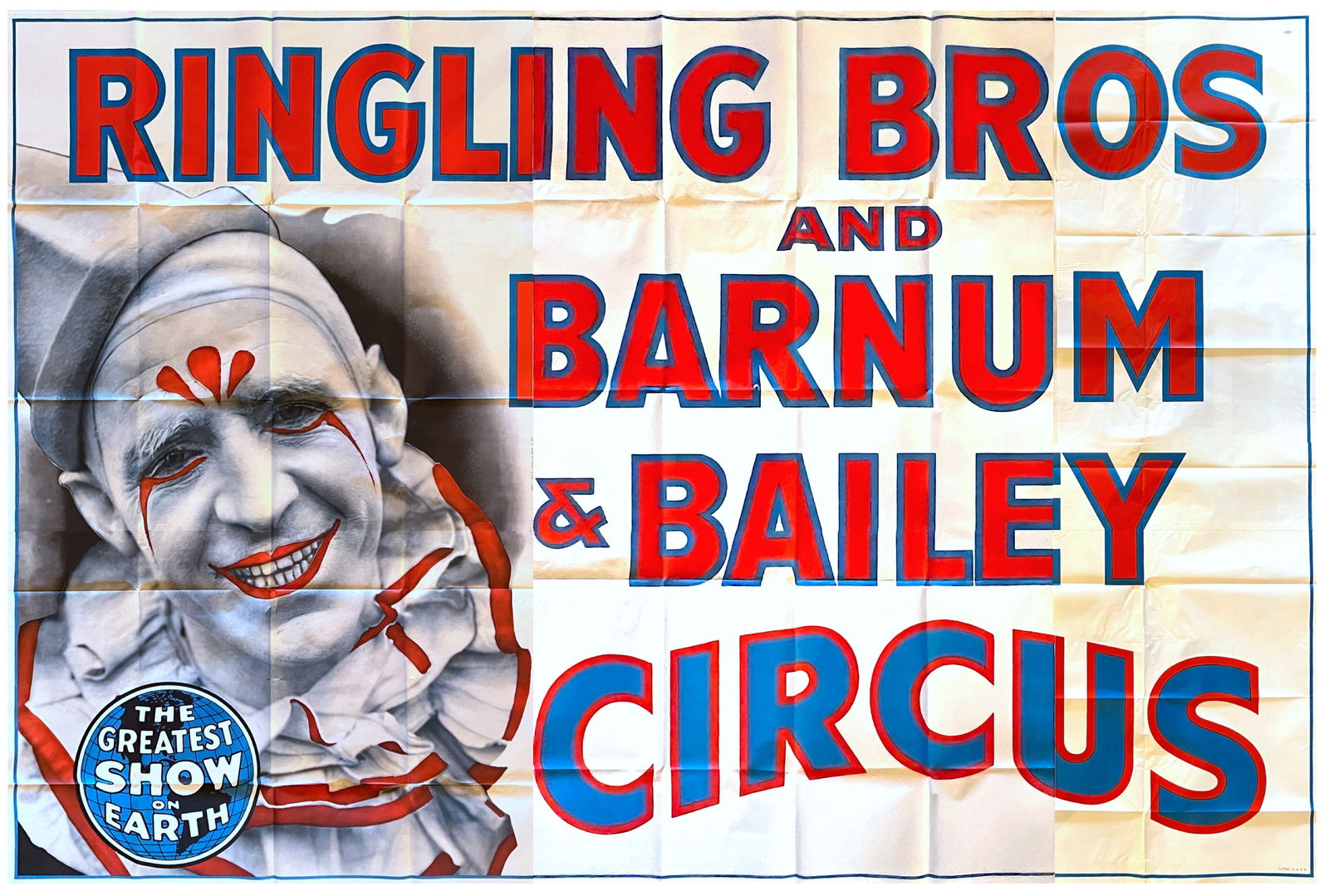 RINGLING BROS. BARNUM BAILEY BILLBOARD POSTER: RARE - NEW OLD STOCK, 16-SHEET BILLBOARD-SIZED POSTER FOR THE RINGLING BROS. AND BARNUM & BAILEY CIRCUS FEATURING PAT VALDO ON THE TITLE SHEET, C.1940'S. UNMOUNTED, IN THREE SECTIONS WITH FOLDS AS ISS