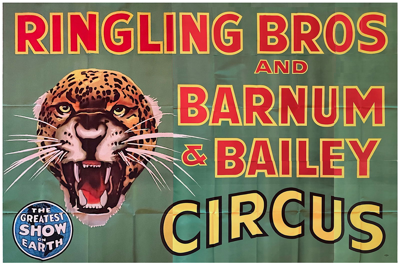 RINGLING BROS. BARNUM BAILEY BILLBOARD POSTER: RARE - NEW OLD STOCK, 16-SHEET BILLBOARD-SIZED POSTER FOR THE RINGLING BROS. AND BARNUM & BAILEY CIRCUS FEATURING LEOPARD HEAD TITLE SHEET, C.1940'S. UNMOUNTED, IN THREE SECTIONS WITH FOLDS AS ISSUED,