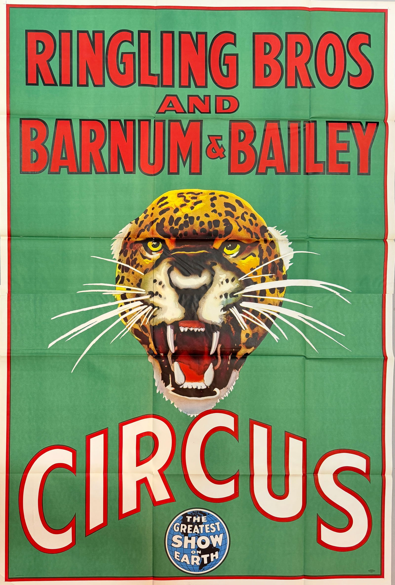 RINGLING BROS. BARNUM BAILEY CIRCUS POSTER: NEW OLD STOCK, 4-SHEET POSTER FOR THE RBBB CIRCUS, 1940'S-50'S. UNMOUNTED WITH FOLDS AS ISSUED. EXCELLENT. 54"X80"