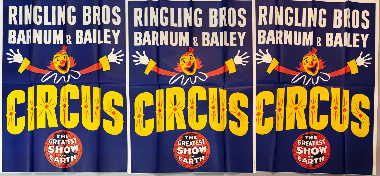 RINGLING BROS. BARNUM BAILEY CIRCUS POSTERS: TRIO OF NEW OLD STOCK POSTERS FOR THE RBBB CIRCUS, 1950'S. TITLE SHEET WITH CIRCUS TITLE. FOLDS AS ISSUED, EXCELLENT. EACH 39"X54"