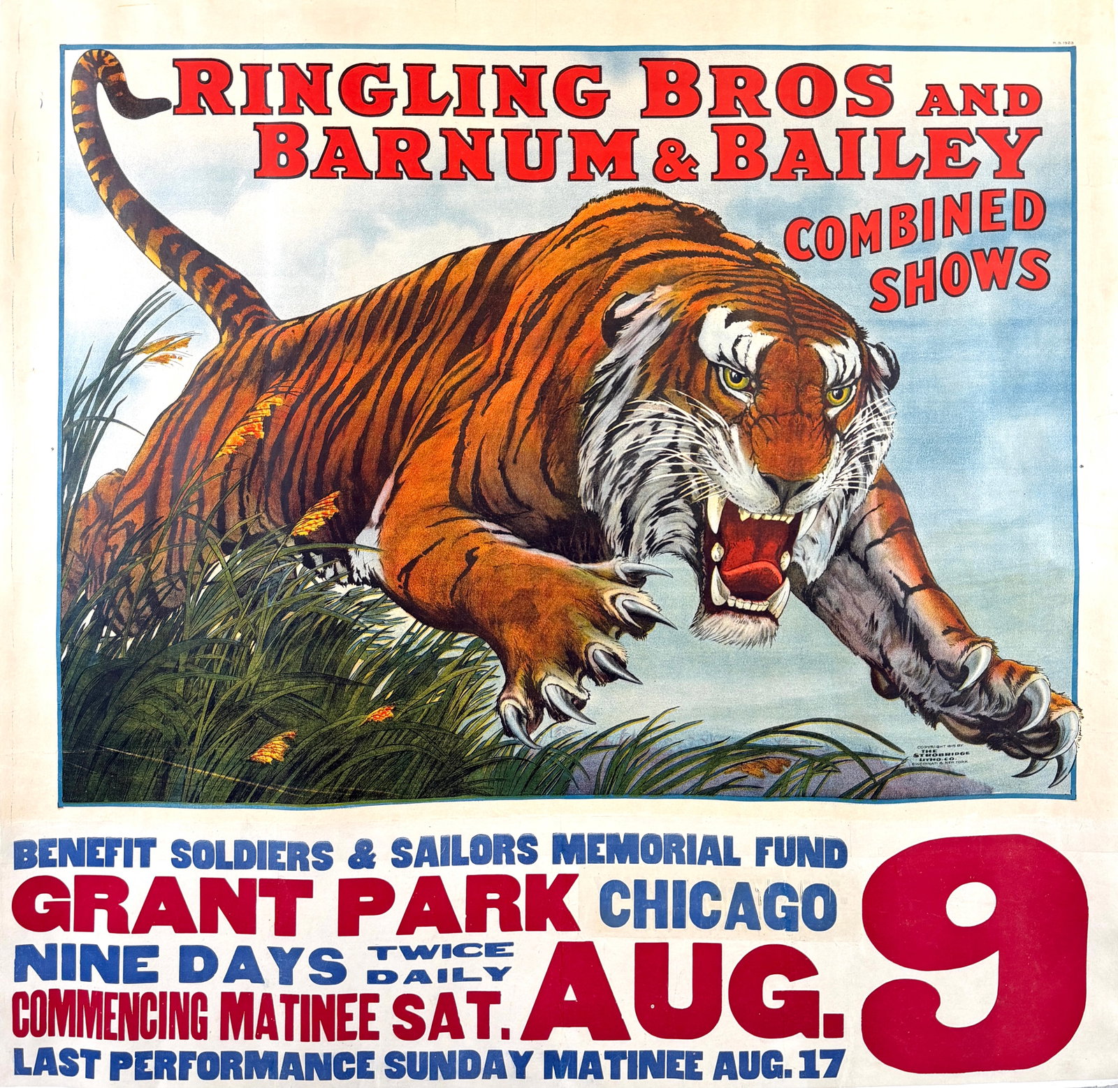RINGLING BROS. BARNUM AND BAILEY CIRCUS POSTER: ORIGINAL, AUTHENTIC RINGLING BROS. AND BARNUM & BAILEY CIRCUS POSTER - CHARGING TIGER ON TITLE SHEET. ONE SHEET PLUS DATE TAIL FOR GRANT PARK, CHICAGO, 1919. STROBRIDGE LITHO, 1915. FIRST YEAR OF THE
