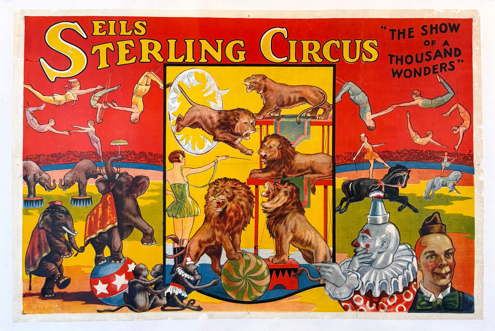 SEILS STERLING CIRCUS POSTER: ORIGINAL, AUTHENTIC POSTER - SEILS STERLING CIRCUS - THE SHOW OF A THOUSAND WONDERS. ONE SHEET, TEMPLE LITHO (ATTR.), C.1930'S. PROFESSIONALLY CONSERVED ON LINEN. APPROX. 28"X42"