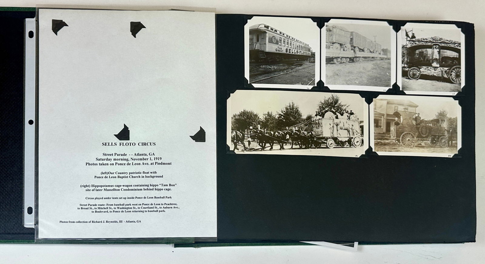 RICHARD REYNOLDS HISTORICAL CIRCUS PHOTO ALBUM: RICHARD REYNOLDS HISTORICAL CIRCUS PHOTOGRAPH ALBUM PERTAINING TO SELLS-FLOTO, AL G. BARNES, RINGLING BROS. BARNUM BAILEY, JOHN ROBINSON. A COMPILATION OF AMERICAN CIRCUS CORPORATION. EQUIPMENT,