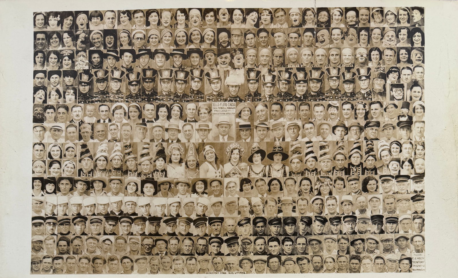 EDWARD J. KELTY CIRCUS PHOTOGRAPH, SELLS-FLOTO: EDWARD J. KELTY (AMERICAN, 1888-1967) PHOTOGRAPH OF THE SELLS-FLOTO CIRCUS, ZACK TERRELL, MGR; FRED LEDGETT, EQUESTRIAN DIRECTOR, BRIDGEPORT, CONNECTICUT, AUGUST 6, 1932. PICTORIAL OF OVER 400