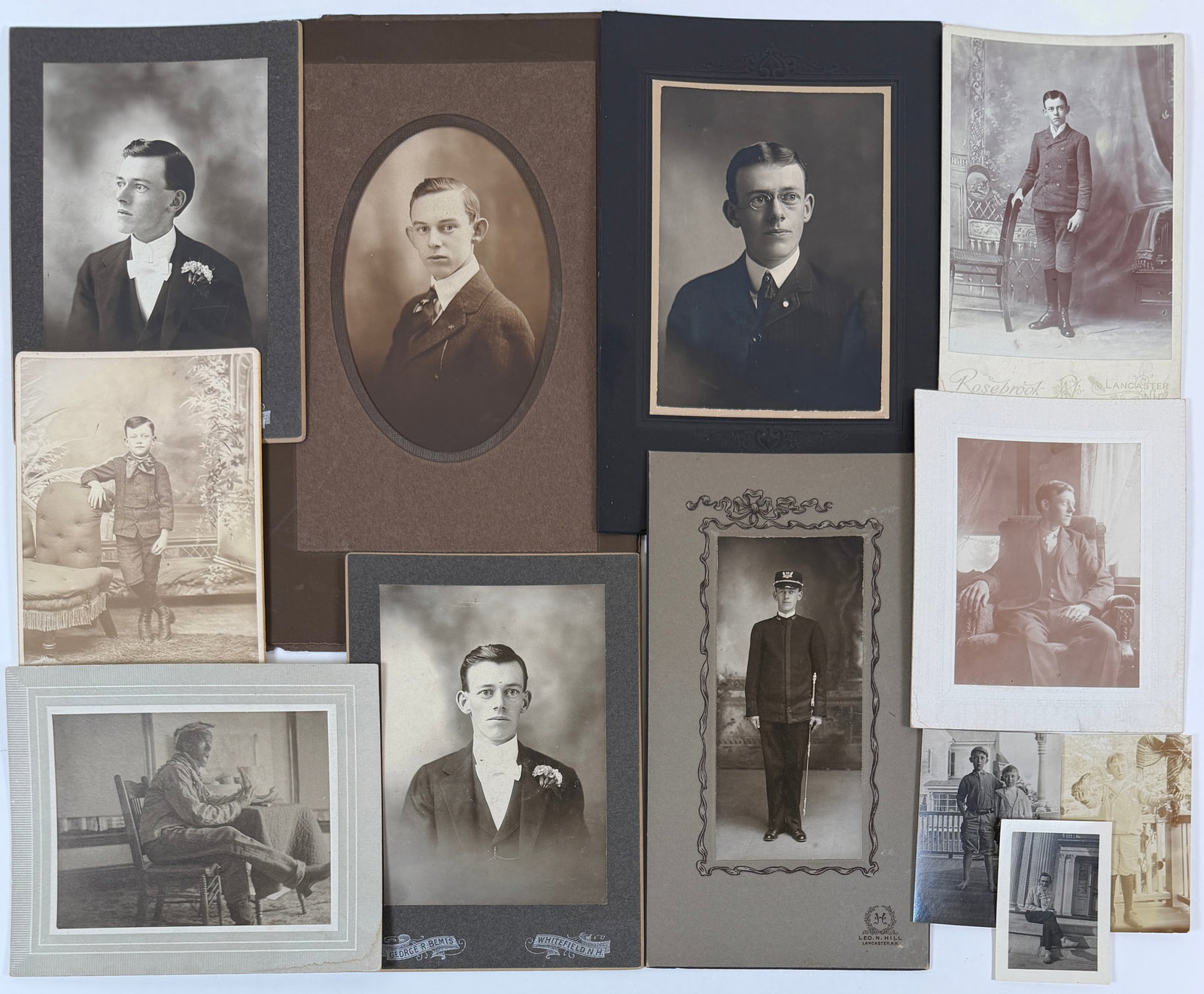 JERRY BANGS - PHOTOGRAPH COLLECTION: PHOTOGRAPHS OF JERRY BANGS AS A YOUTH, MANY STUDIO IMAGES. LARGEST 11"X6.5". JERRY BANGS (AMERICAN, LISBON, NEW HAMPSHIRE, 1903-1978) WAS A PRODUCER FOR CIRCUS CLOWNS, MUSICIAN, PLAYWRIGHT,