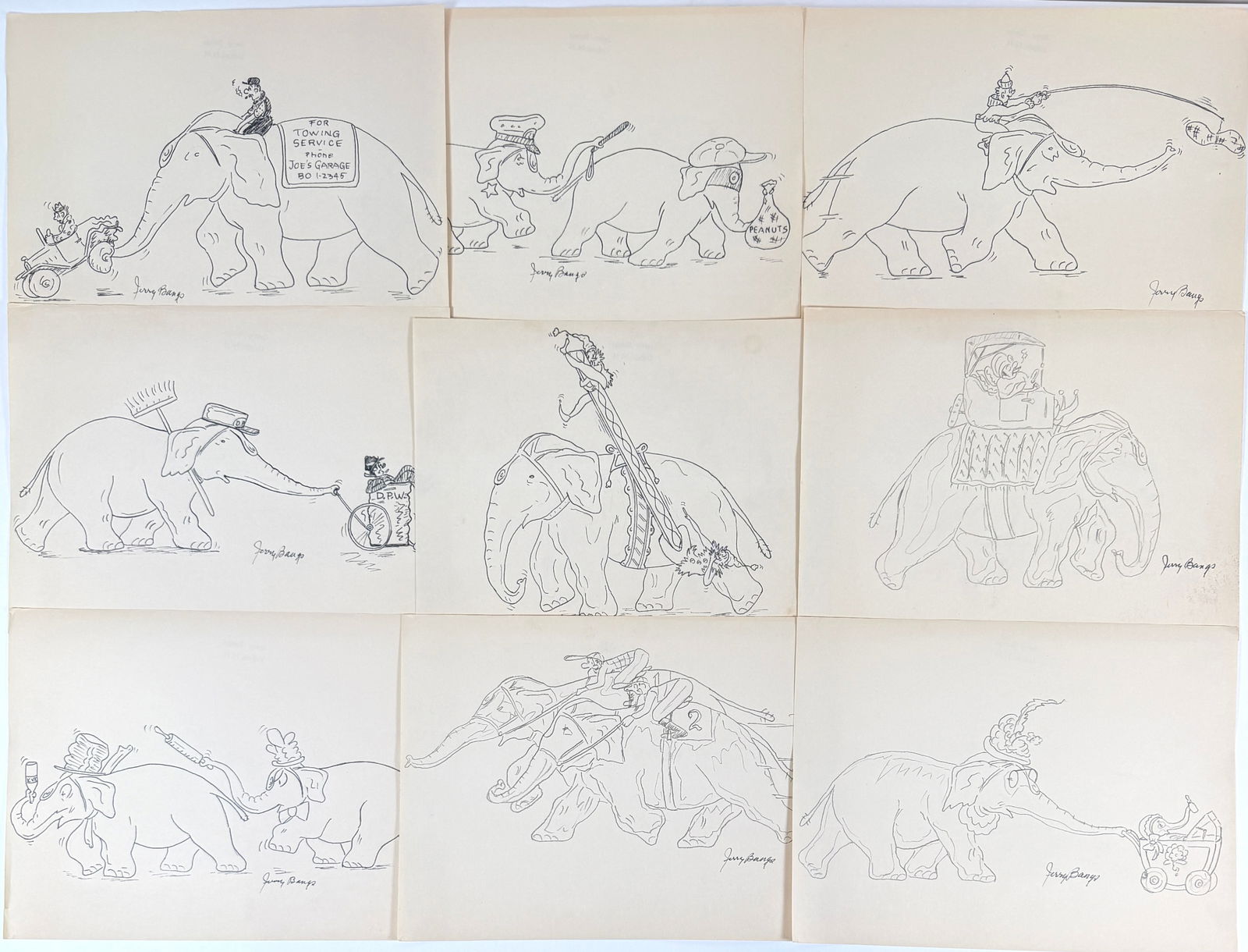 JERRY BANGS - CIRCUS ELEPHANT COMEDY SKETCHES: FOLIO OF ORIGINAL HAND-DRAWN SKETCHES BY JERRY BANGS. BANGS WAS COMMISSIONED TO CREATE THIS SERIES FOR THE 1937 RINGLING-BARNUM CIRCUS. EACH APPROX. 8"X10". JERRY BANGS (AMERICAN, LISBON, NEW