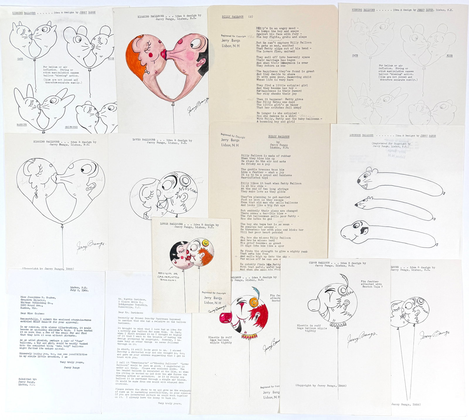 JERRY BANGS - KISSING BALLOONS NOVELTY: FOLIO OF ITEMS PERTAINING TO KISSING BALLOONS DEVELOPED BY JERRY BANGS, C.1958. SKETCHES, DESIGNS, PATENT, LETTERS TO MANUFACTURERES CONCERNING DEVELOPMENT IDEAS. JERRY BANGS (AMERICAN, LISBON, NEW