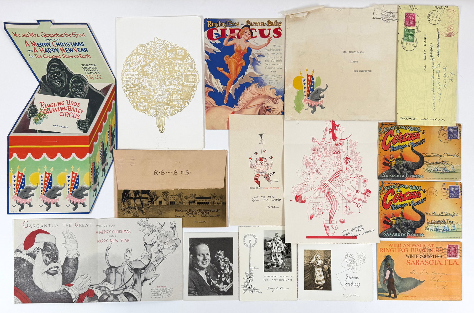 JERRY BANGS -CIRCUS - CHRISTMAS GREETING CARDS: COLLECTION OF GREETING CARDS SENT TO JERRY BANGS INCLUDING: RBBB-PAT VALDO, GEORGE DADEPPO, HARRY DANN, BILL BALLANTINE. INCLUDED ARE RINGLING-BARNUM SOUVENIR POSTCARDS FROM SARASOTA, FLORIDA. 