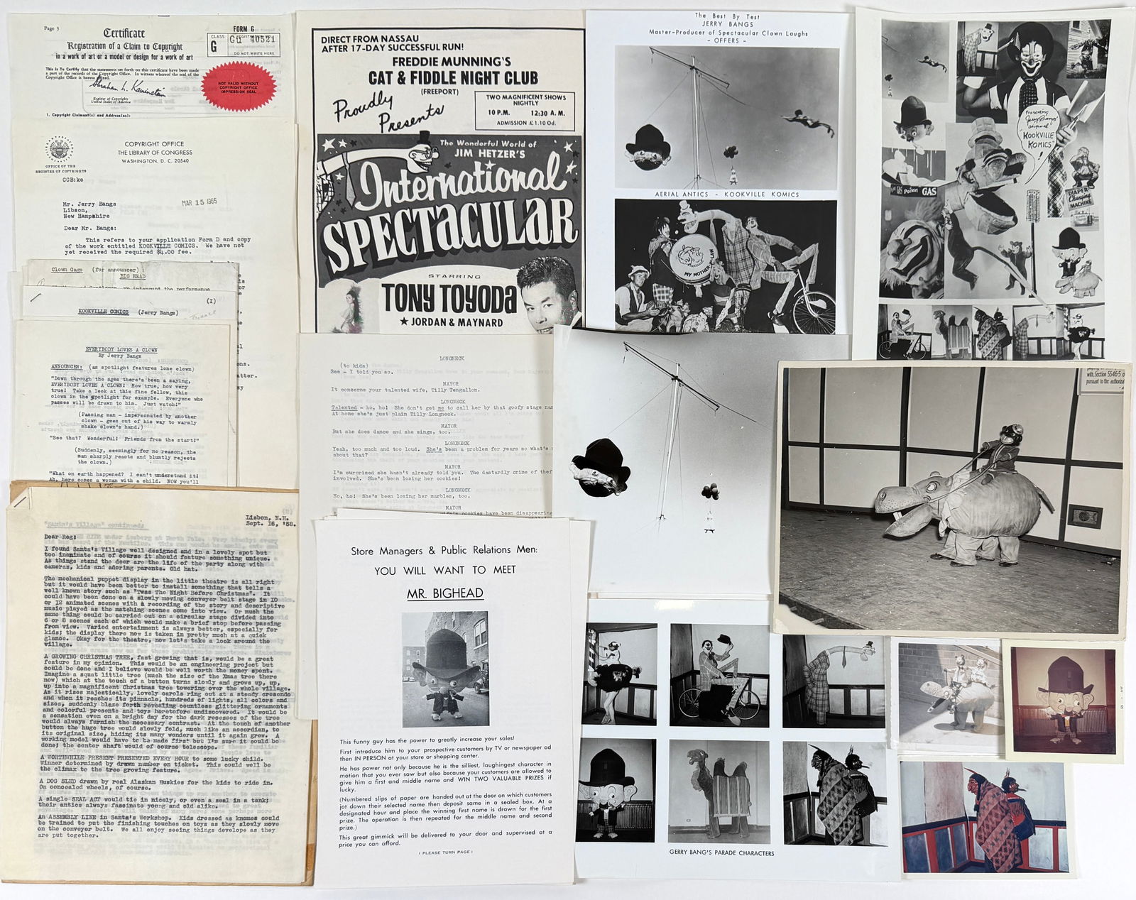 JERRY BANGS - PARADES - KOOKVILLE KOMICS: FOLIO CONTAINING INFORMATION ON JERRY BANGS NON-CIRCUS CROSS-OVER IDEAS INCLUDING PARADES, SANTA'S VILLAGE, KOOKVILLE KOMICS. PHOTOGRAPHS, RUN-DOWNS, LETTERS AND MORE. JERRY BANGS (AMERICAN,