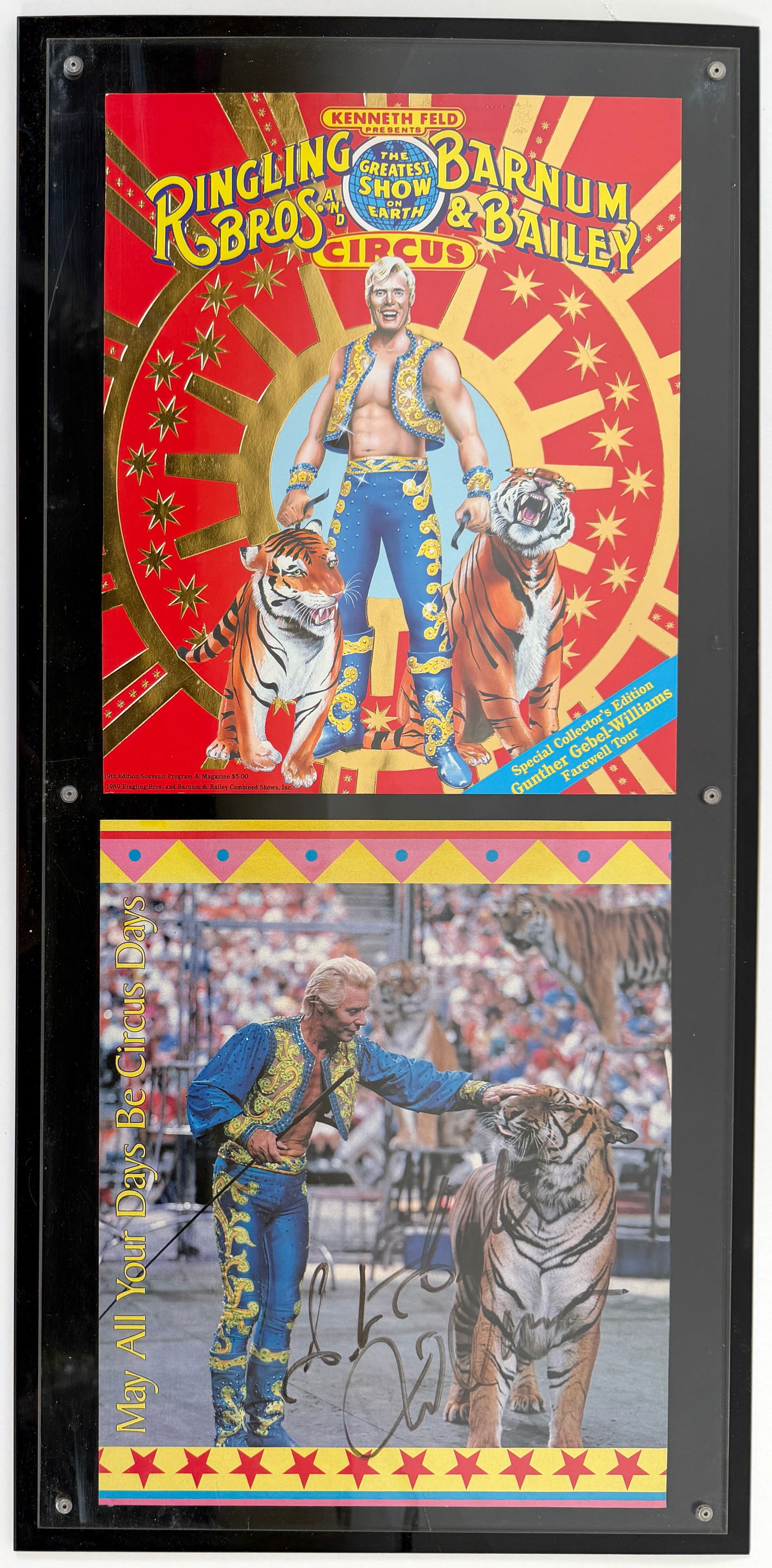 GUNTER GEBEL WILLIAMS MEMORABILIA: GUNTHER GEBEL WILLIAMS (1934-2001) WAS AN ANIMAL TRAINER FOR THE RINGLING BROS. AND BARNUM & BAILEY CIRCUS FROM 1968-1990. NICELY FRAMED FAREWELL TOUR PROGRAM COVER AND SIGNED PAGE. INK ON PAPER. INCL