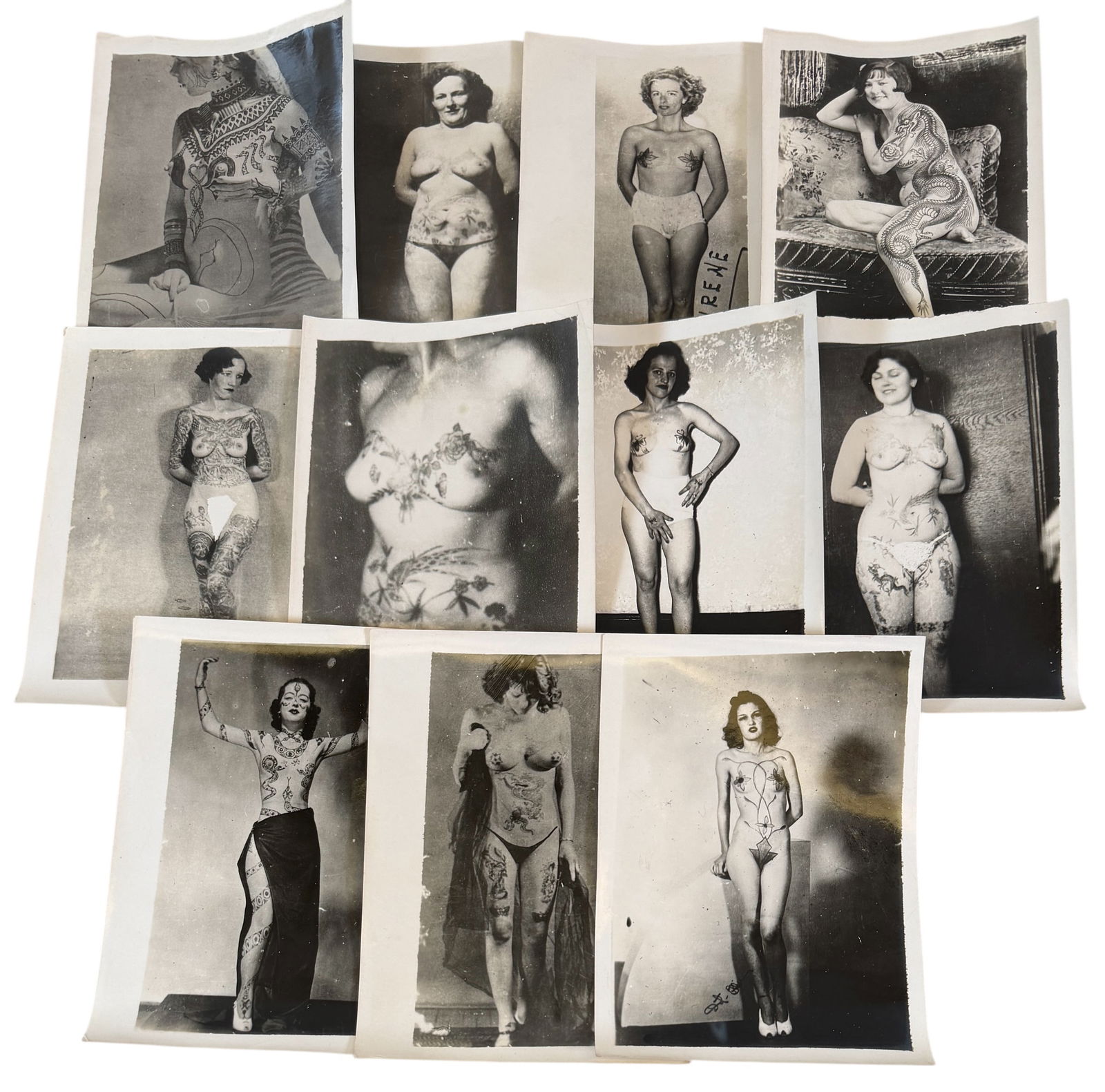 TATTOO - PHOTOGRAPHS OF TATTOOED WOMEN: NUDE - PIN-UPS. SERIES OF FULL-BODY PORTAIT PHOTOGRAPHS OF TATTOOED WOMEN. UNMARKED. EACH APPROX. 5"X7"