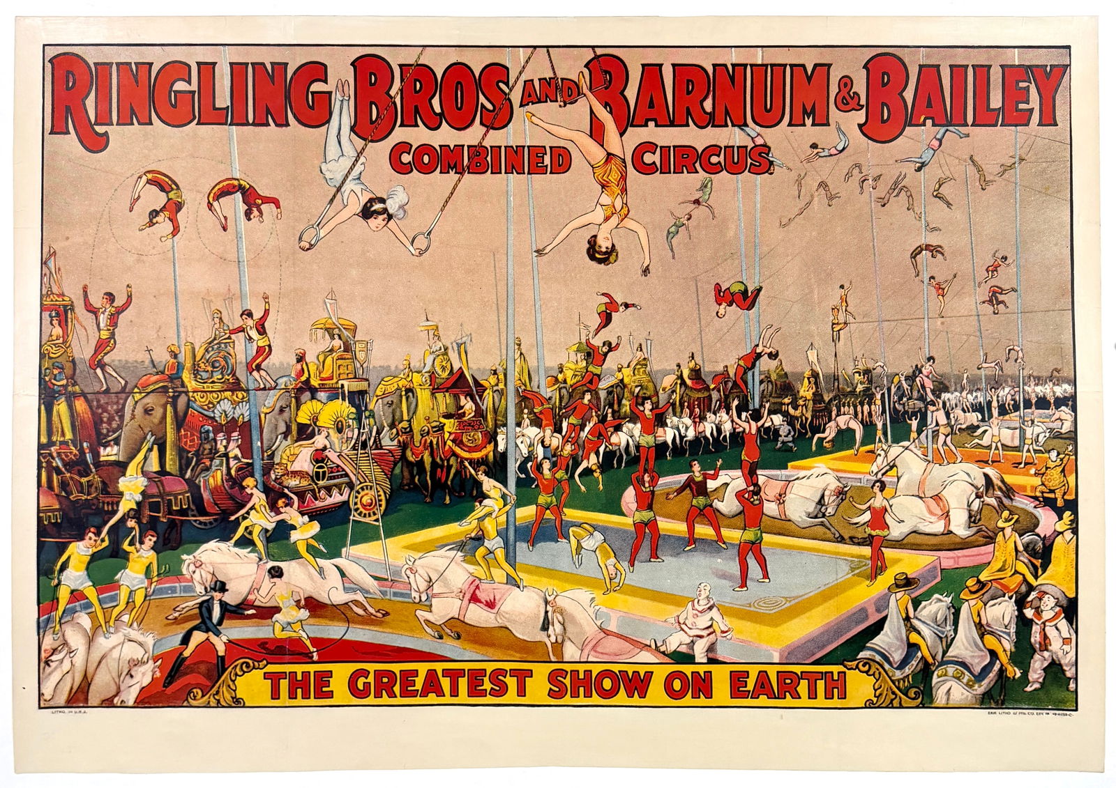 RINGLING BROS. BARNUM AND BAILEY CIRCUS POSTER: ORIGINAL, AUTHENTIC, RINGLING BROS. AND BARNUM & BAILEY CIRCUS POSTER FEATURING A TENT INTERIOR SCENE. ONE SHEET, ERIE LITHO, C.1934. PROFESSIONALLY CONSERVED ON LINEN. APPROX. 28"X42"