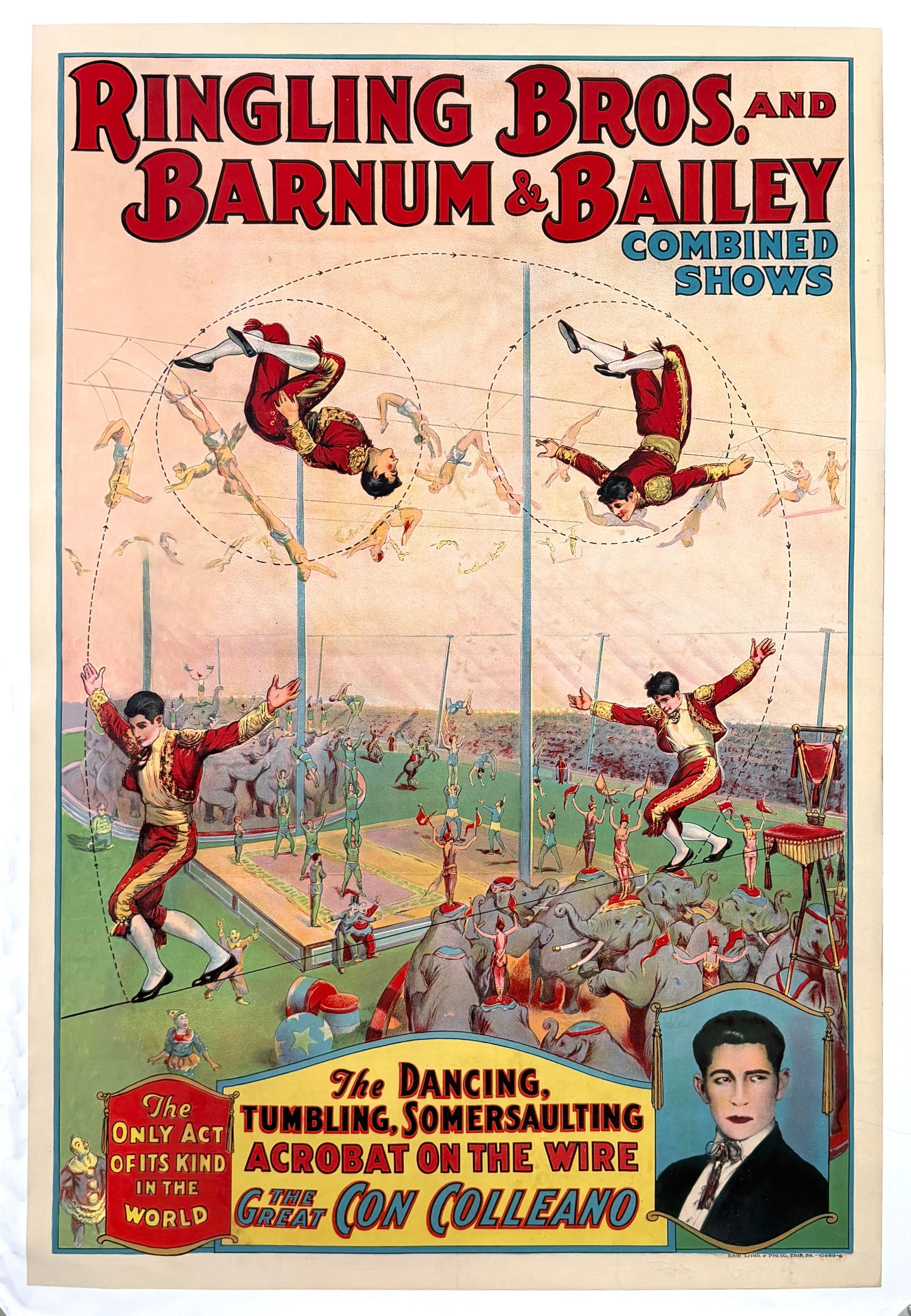 RINGLING BROS. BARNUM AND BAILEY CIRCUS POSTER: ORIGINAL, AUTHENTIC, RINGLING BROS. AND BARNUM & BAILEY CIRCUS POSTER - THE ONLY ACT OF ITS KIND, THE DANCING, TUMBLING, SOMERSAULTING ACROBAT ON THE WIRE - THE GREAT CON COLLEANO. ONE SHEET, ERIE