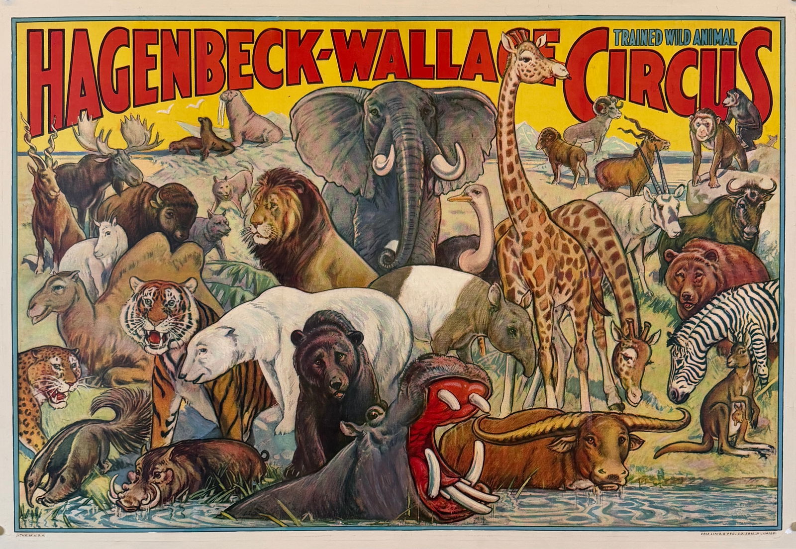 HAGENBECK-WALLACE CIRCUS POSTER: ORIGINAL, AUTHENTIC, HAGENBECK WALLACE CIRCUS POSTER FEATURING A HUGE ANIMAL DISPLAY. ONE SHEET, ERIE LITHO., C.1934. PROFESSIONALLY CONSERVED ON LINEN. APPROX. 28"X42"
