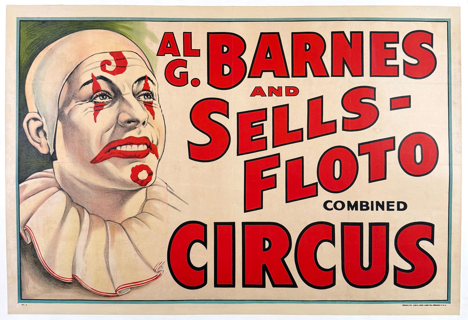AL G. BARNES AND SELLS-FLOTO CIRCUS POSTER: ORIGINAL, AUTHENTIC, AL G. BARNES - SELLS-FLOTO CIRCUS POSTER. WHITE FACE CLOWN PORTRAIT ON TITLE SHEET. ONE SHEET, CENTRAL PRINTING AND ILLINOIS LITHO, 1937. PROFESSIONALLY CONSERVED ON LINEN. APPROX