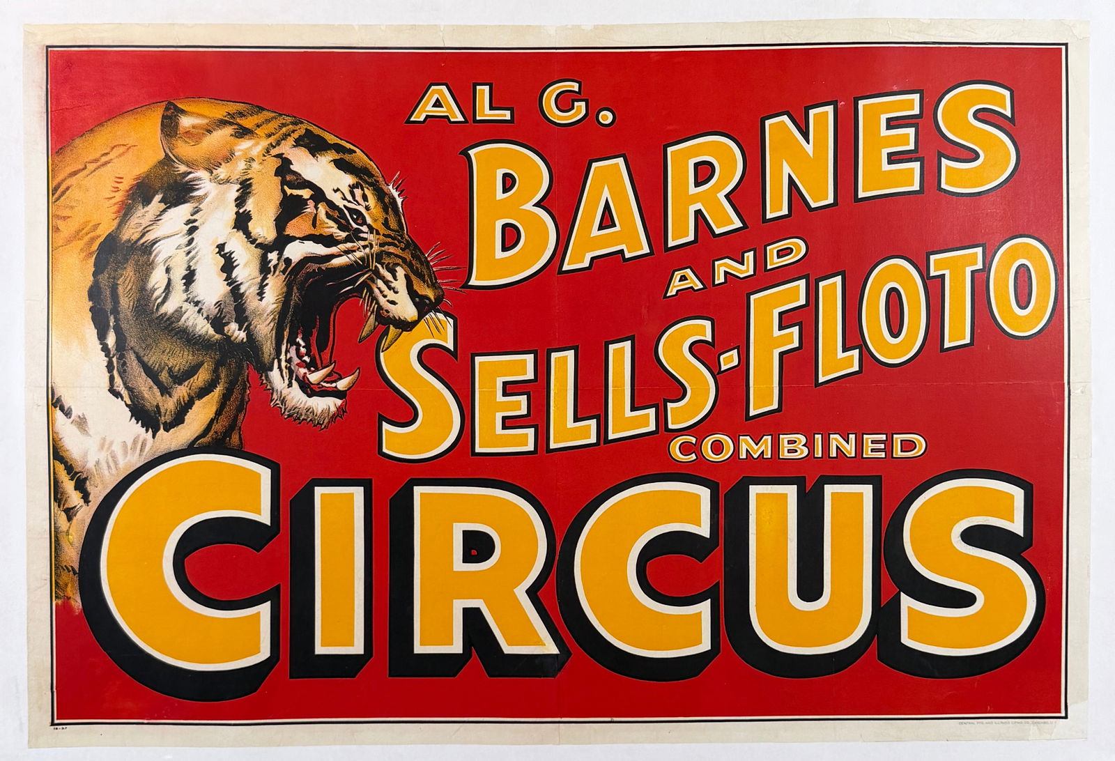 AL G. BARNES AND SELLS-FLOTO CIRCUS POSTER: ORIGINAL, AUTHENTIC, AL G. BARNES AND SELLS-FLOTO COMBINED CIRCUS POSTER - TIGER WITH SHOW TITLE. ONE SHEET, CENTRAL PRINTING AND ILLINOIS LITHO., C.1937. PROFESSIONALLY CONSERVED ON LINEN, RESTORATIO