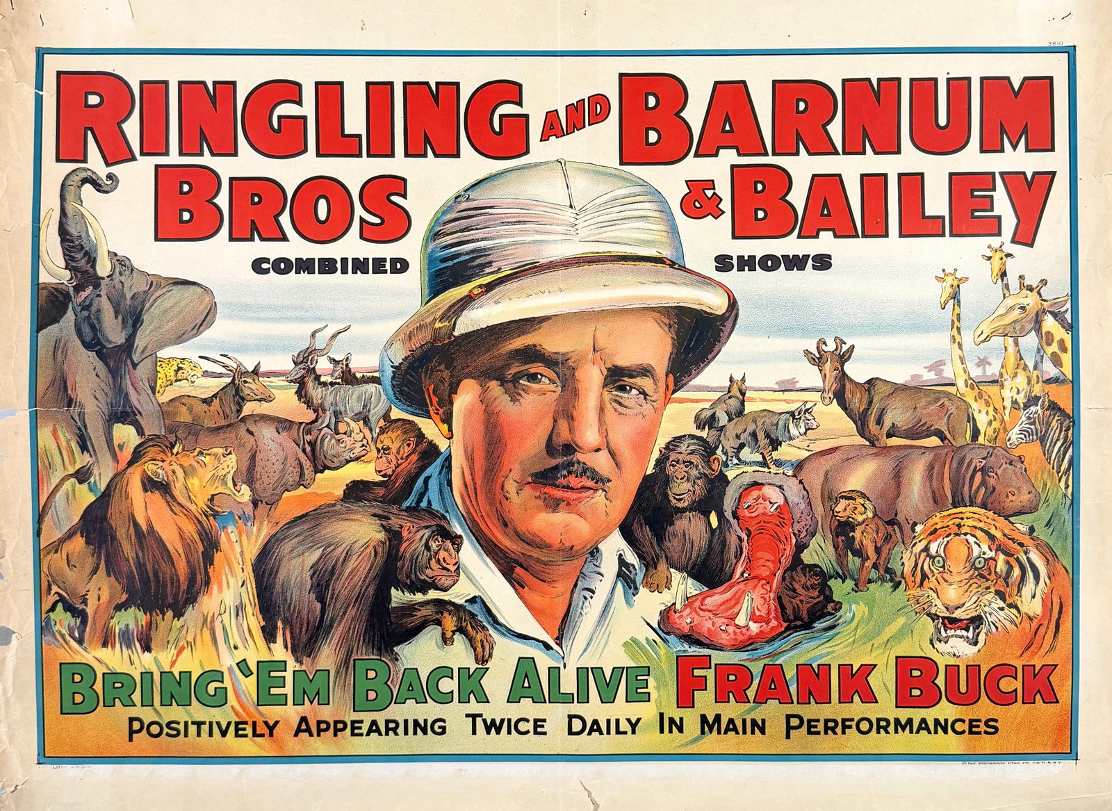 RINGLING BROS. BARNUM AND BAILEY CIRCUS POSTER: ORIGINAL, AUTHENTIC, RINGLING BROS. AND BARNUM & BAILEY CIRCUS POSTER - BRING 'EM BACK ALIVE - FRANK BUCK. HALF SHEET, STROBRIDGE LITHO., 1938. UNMOUNTED, SMALL TEARS, LOSS IN MARGINS. APPROX.