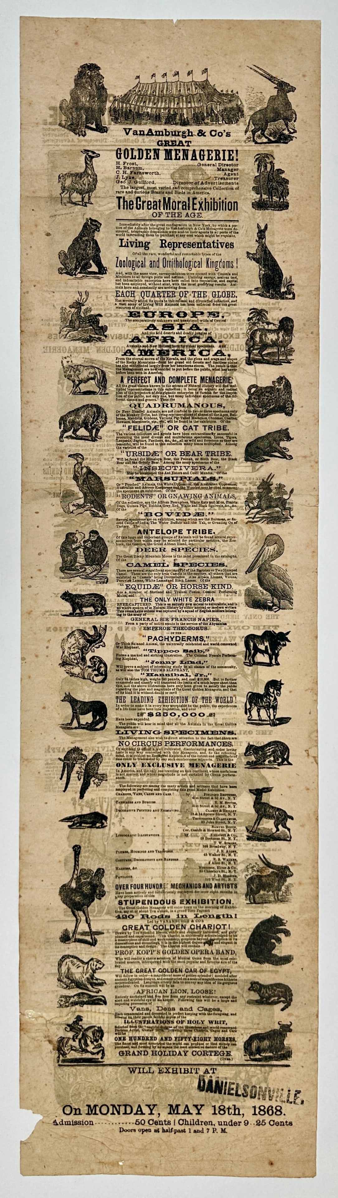 VAN AMBURGH & CO. GREAT GOLDEN MENAGERIE BROADSIDE: VAN AMBURGH & CO. GREAT GOLDEN MENAGERIE. TWO-SIDED BROADSIDE HERALD, 1868. FANTASTIC BILLING LINED WITH ANIMAL ILLUSTRATIONS AND DESCRIPTIONS; COMPLETE LIST OF ANIMALS. UNMOUNTED. FOXING AND
