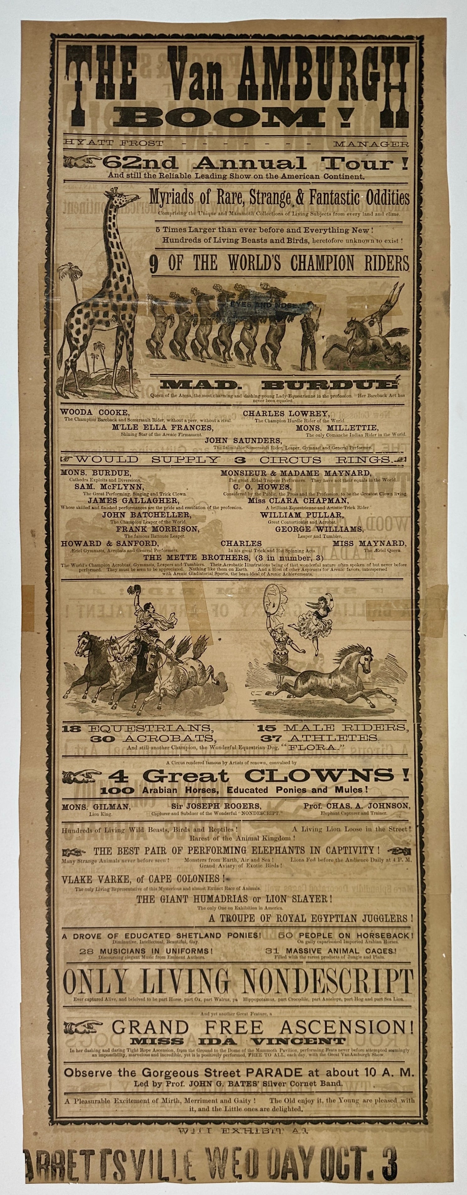 VAN AMBURGH, FROST & STONES GREAT GOLDEN MENAGERIE: VAN AMBURGH, FROST AND STONE'S NEW GREAT MENAGERIE - MONSTER CIRCUS AND ROYAL COLOSSEUM. TWO-SIDED BROADSIDE HERALD, C.1881. THE VAN AMBURGH BOOM! MYRIADS OF RARE, STRANGE AND FANTASTIC ODDITIES,