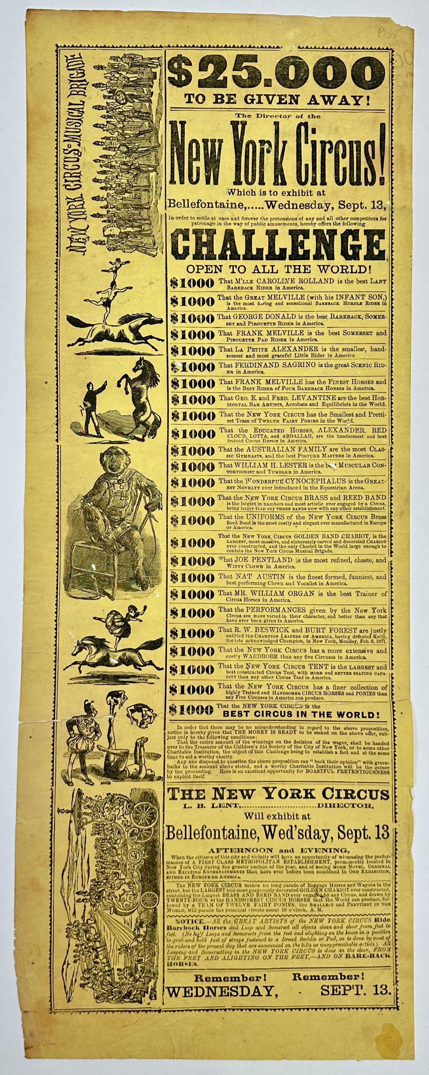 NEW YORK CIRCUS - L.B. LENT BROADSIDE: NEW YORK CIRCUS - $25,000 CHALLENGE OPEN TO ALL THE WORLD. SINGLE-SIDED BROADSIDE HERALD, C.1870. UNMOUNTED, LIGHT WEAR AT EDGES, VERY GOOD. 8"X21"