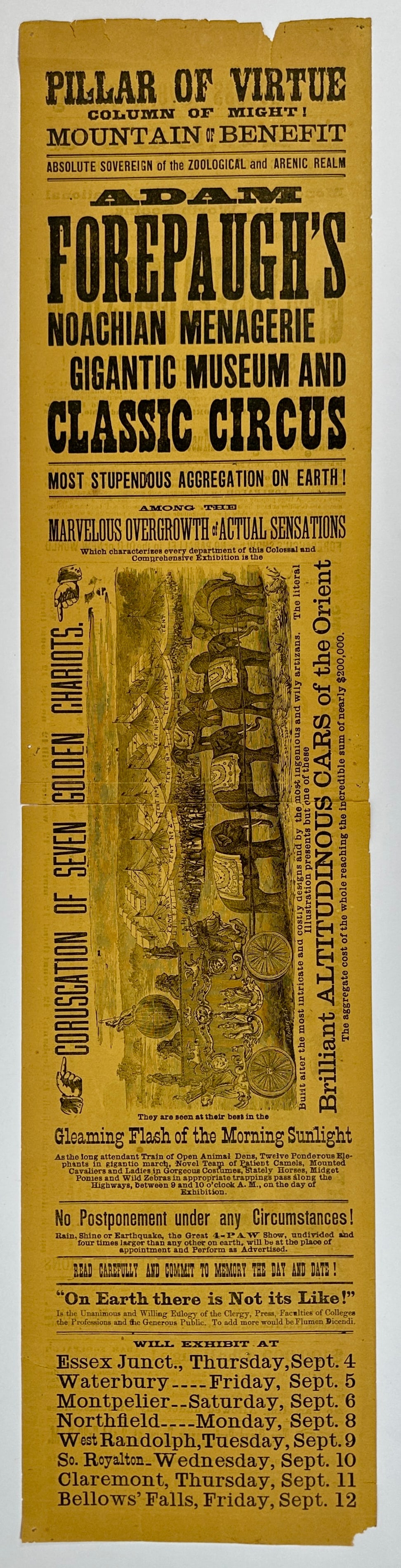 GREAT FOREPAUGH SHOW BROADSIDE: GREAT FOREPAUGH SHOW. TWO-SIDED BROADSIDE HERALD. HERD OF ELEPHANTS, GOLDEN CHARIOTS. BOSTON JOB PRINT, C.1880'S. UNMOUTNED, SEPARATED AT FOLD, TEAR AT UPPER MARGIN. 7.5"X29"