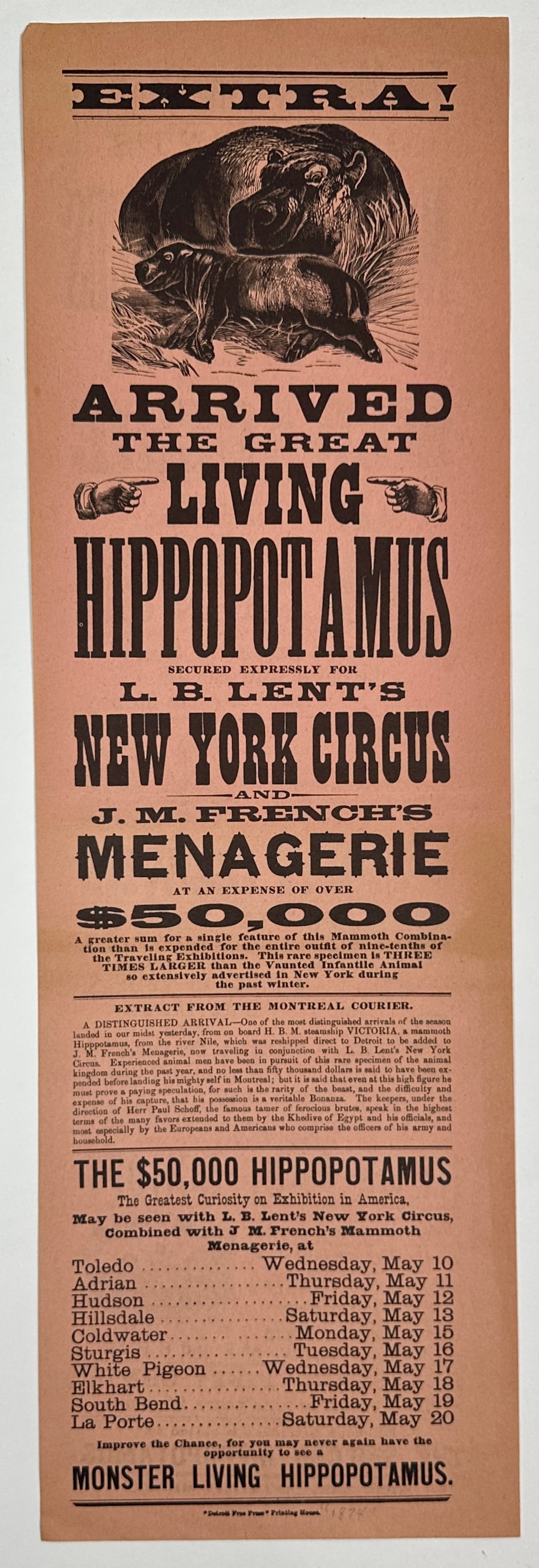 NEW YORK CIRCUS - L.B. LENT BROADSIDE: NEW YORK CIRCUS - LIVING HIPPOPOTAMUS. SINGLE-SIDED BROADSIDE HERALD, C.1870'S. DETROIT FREE PRESS PRINTING HOUSE. UNMOUNTED, VERY GOOD. 6.5"X21"