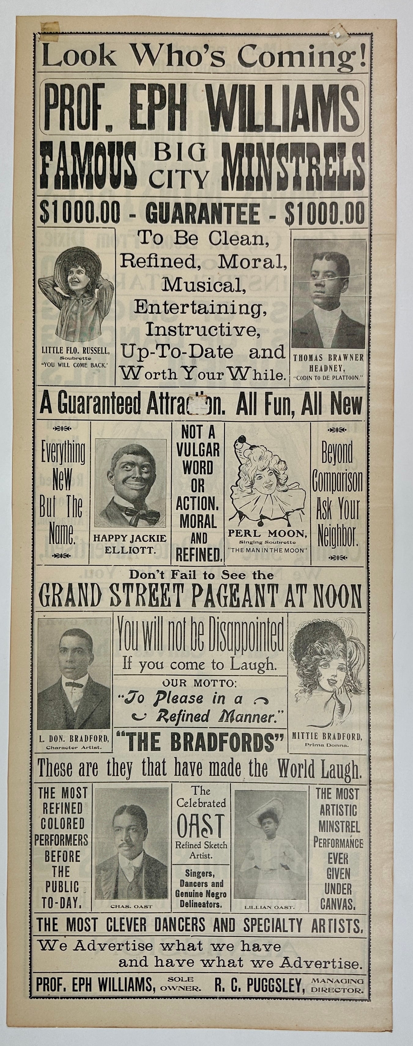 PROFESSOR EPH WILLIAMS FAMOUS MINSTRELS BROADSIDE (1 of 2)