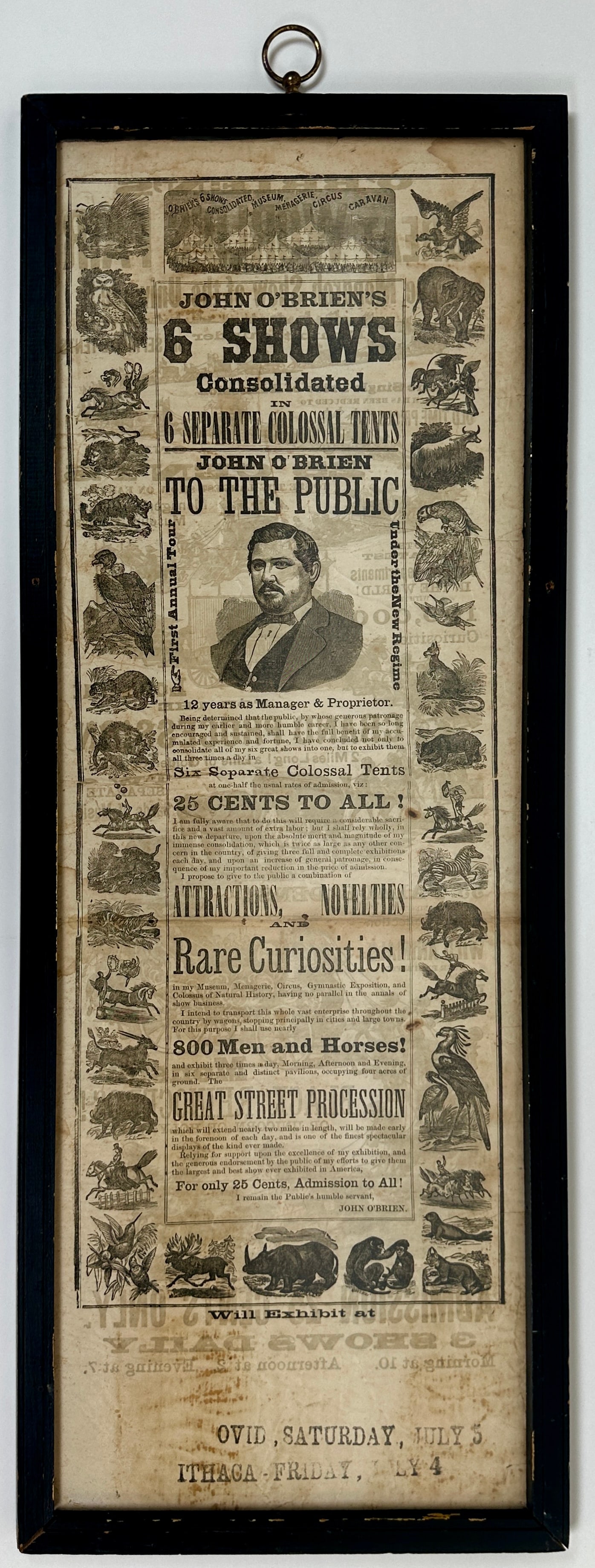 1875 JOHN O'BRIEN'S 6 SHOWS CONSOLIDATED BROADSIDE (1 of 2)