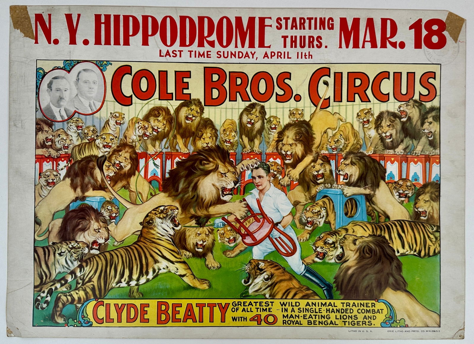 COLE BROS. CIRCUS POSTER - N.Y. HIPPODROME: ORIGINAL, AUTHENTIC WINDOW CARD FOR COLE BROS. CIRCUS FEATURING CLYDE BEATTY - NEW YORK HIPPODROME, C.1937. CREASES, EVIDENCE OF POSTING, BILLPOSTER'S STAMP. 14"X19.5"