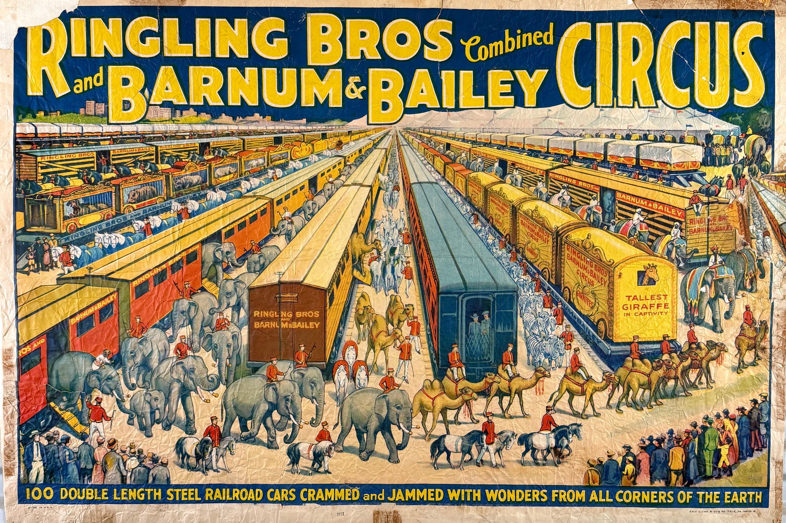 RINGLING BROS. AND BARNUM & BAILEY CIRCUS POSTER: ORIGINAL, AUTHENTIC RINGLING BROS. AND BARNUM & BAILEY CIRCUS POSTER - 100 DOUBLE LENGTH RAILROAD CARS. ONE SHEET, ERIE LITHO, 1937. OLD CHARTEX MOUNTING, WRINKLES, TAPE. APPROX. 28"X42"