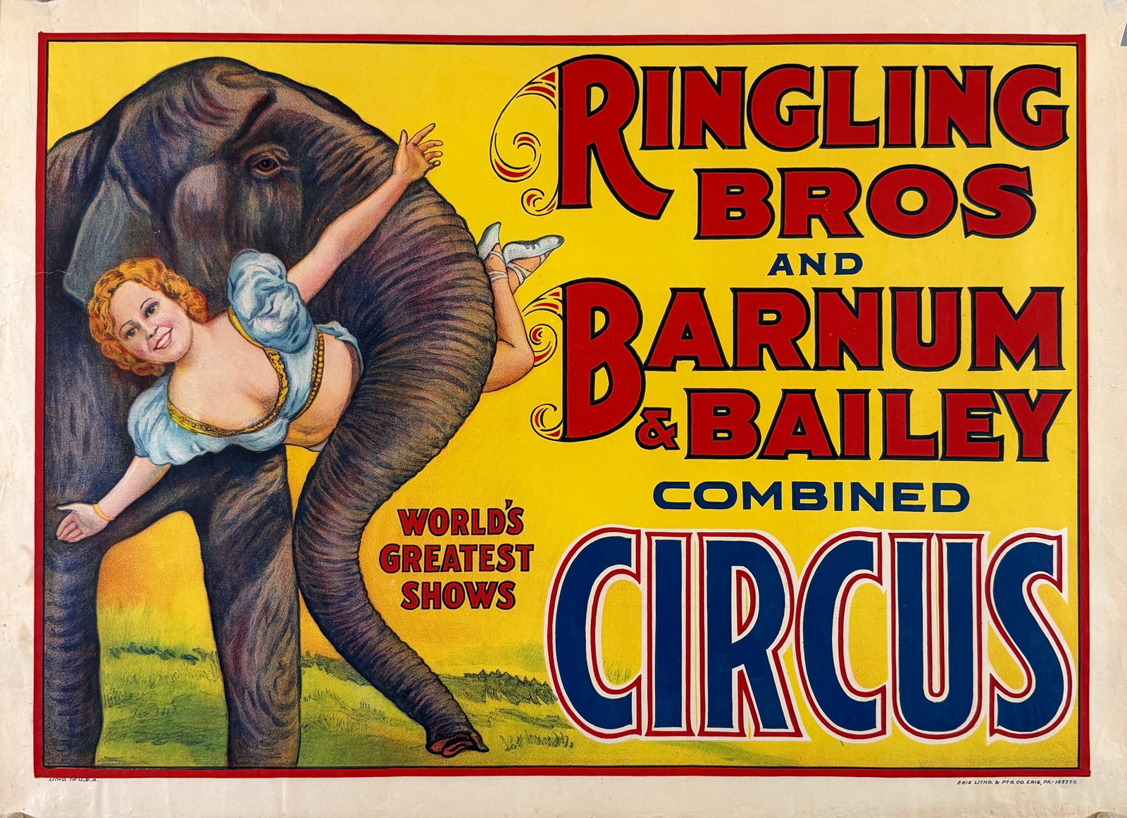 RINGLING BROS. AND BARNUM & BAILEY CIRCUS POSTER: ORIGINAL, AUTHENTIC RINGLING BROS. AND BARNUM & BAILEY CIRCUS POSTER - ELEPHEQUESTRIENNE. ONE SHEET, ERIE LITHO., 1930'S. UNMOUNTED, VERY GOOD. APPROX. 21"X28"