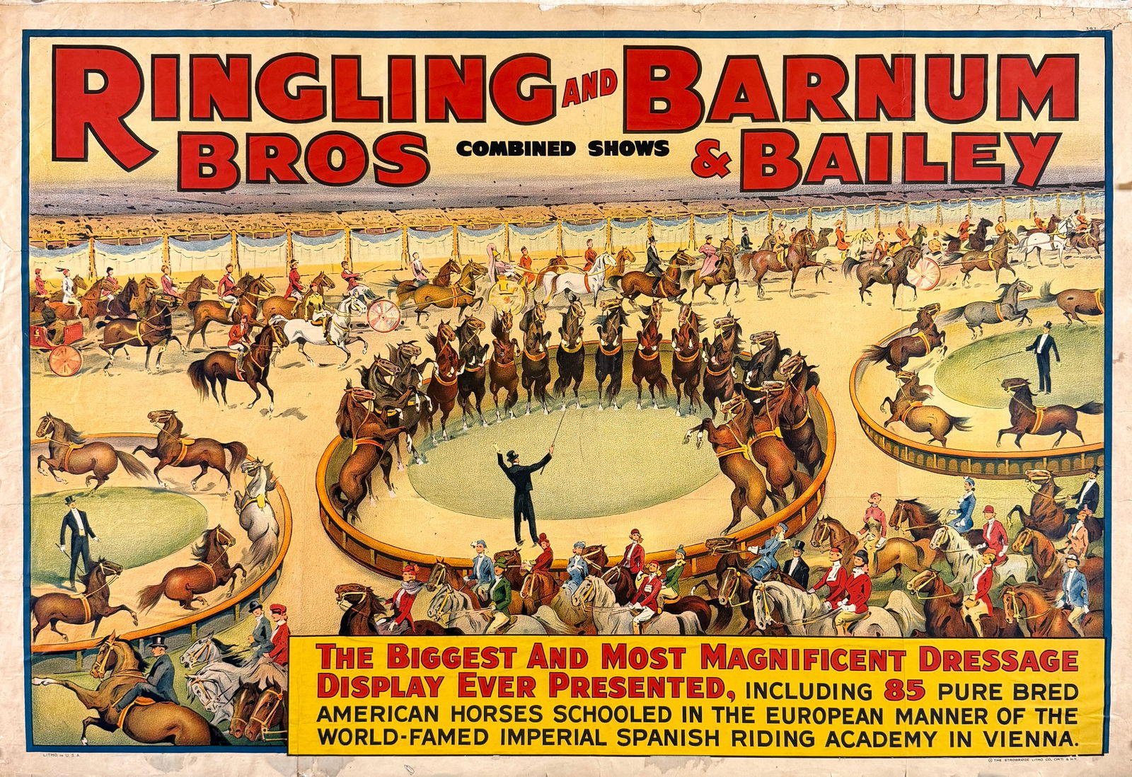 RINGLING BROS. AND BARNUM & BAILEY CIRCUS POSTER: ORIGINAL, AUTHENTIC RINGLING BROS. AND BARNUM & BAILEY CIRCUS POSTER - MAGNIFICENT DRESSAGE. ONE SHEET, STROBRIDGE LITHO., C.1938. CHARTEX, LOSS AT MARGINS, SOILING, STAINS. APPROX. 28"X42"