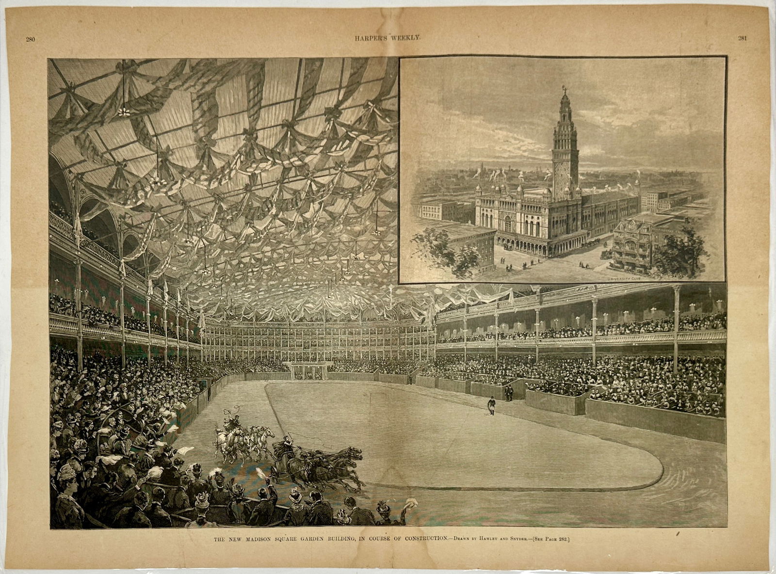 HARPER'S WEEKLY - MADISON SQUARE GARDEN: LAMINATED CENTERFOLD FROM HARPER'S WEEKLY, APRIL 12, 1890, ENGRAVING PRINT OF THE NEW MADISON SQUARE GARDEN BUILDING. 16"X22"