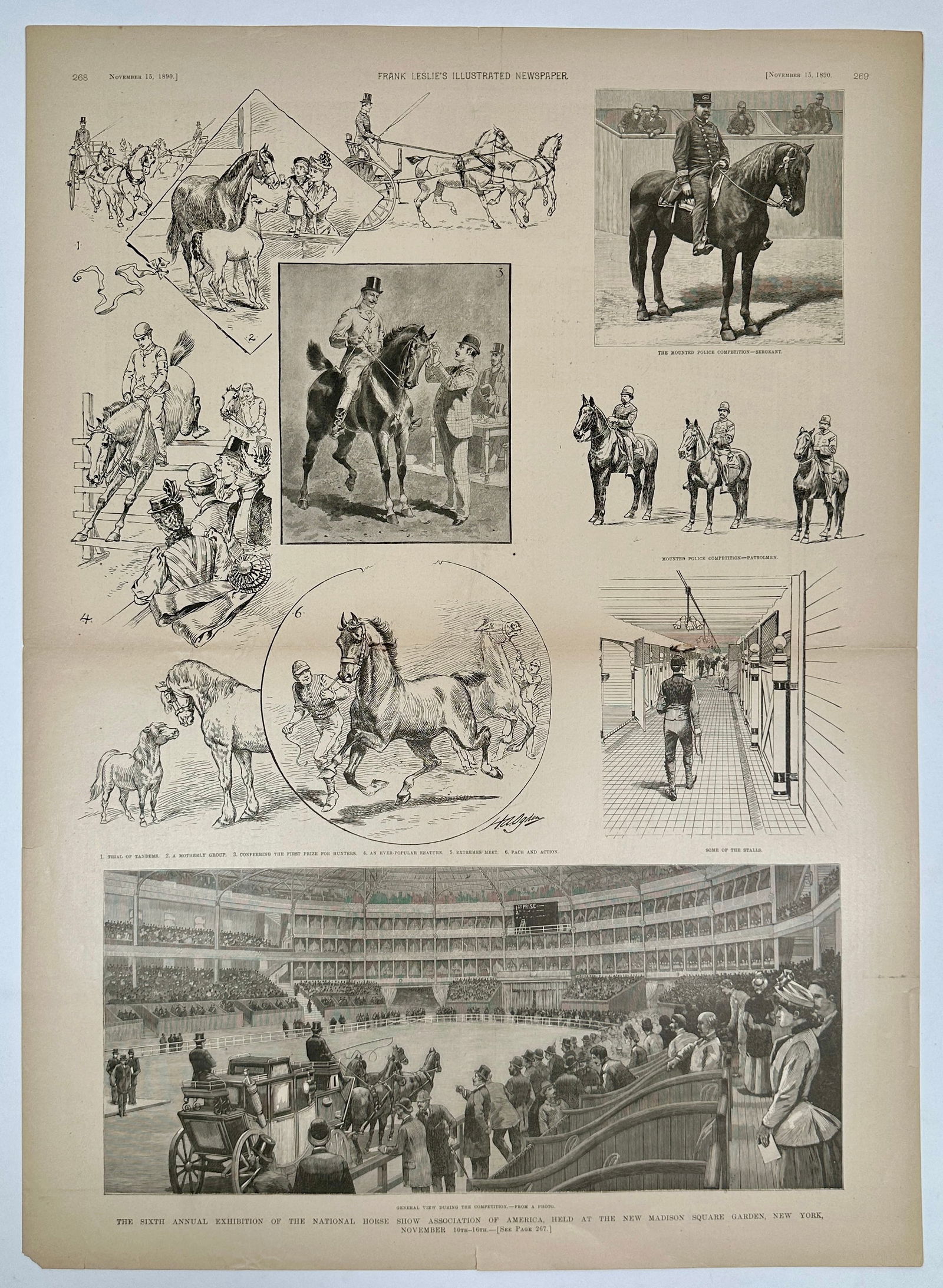 FRANK LESLIE'S ILLUSTRATED - MADISON SQUARE GARDEN: FROM FRANK LESLIE'S ILLUSTRATED NEWSPAPER, NOVEMBER 15, 1890, FEAUTRING SCENES FROM THE SIXTH ANNUAL EXHIBITION OF THE NATIONAL HORSE SHOW OF AMERICA. UNMOUNTED. 16"X22"