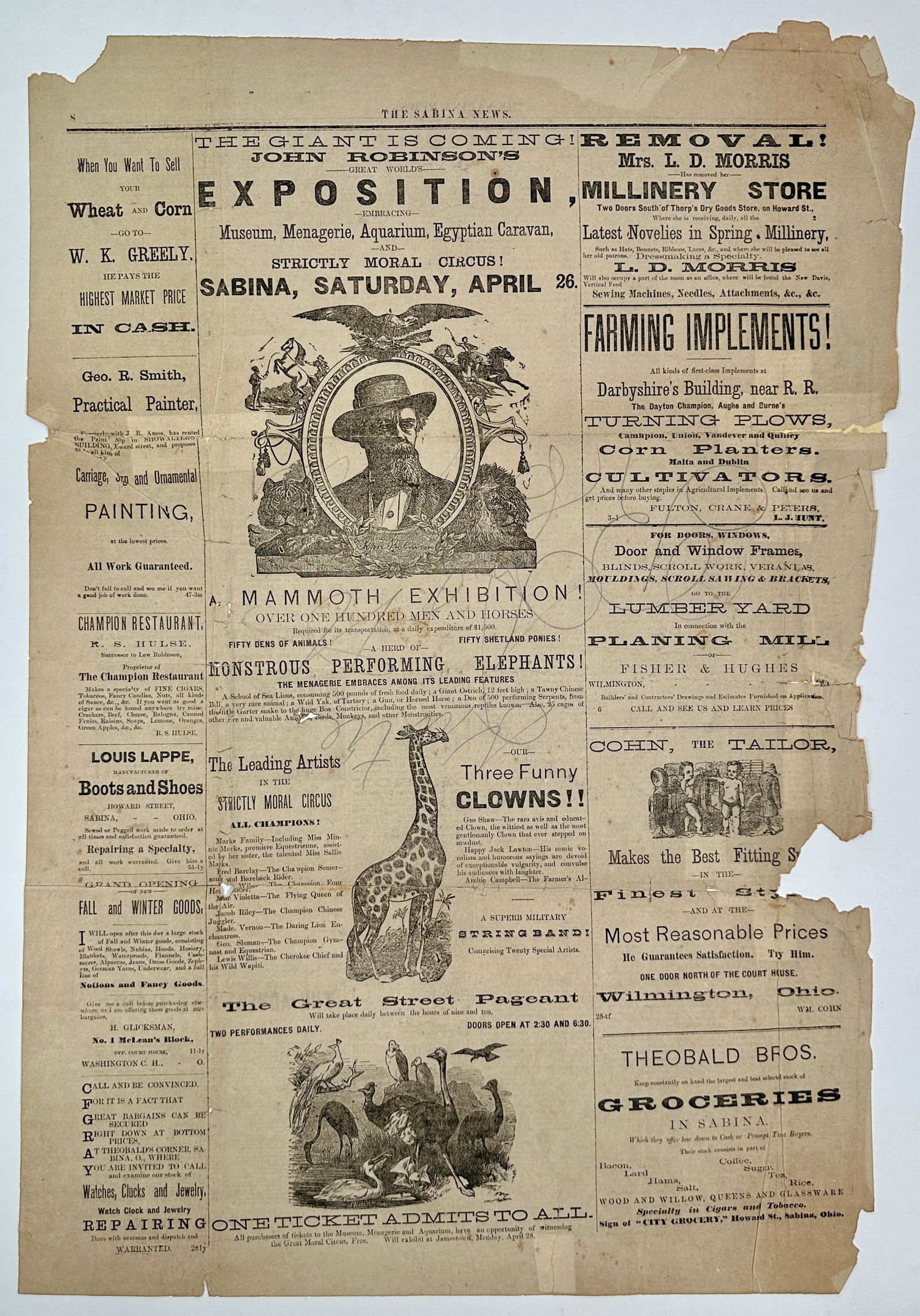 EARLY AMERICAN CIRCUS ADVERTISING - ROBINSON'S CIRCUS: NEWSPAPER ADVERTISING FOR JOHN ROBINSON CIRCUS. EDGE WEAR. UNMOUNTED, GRAPHITE WRITING, 15"X22"