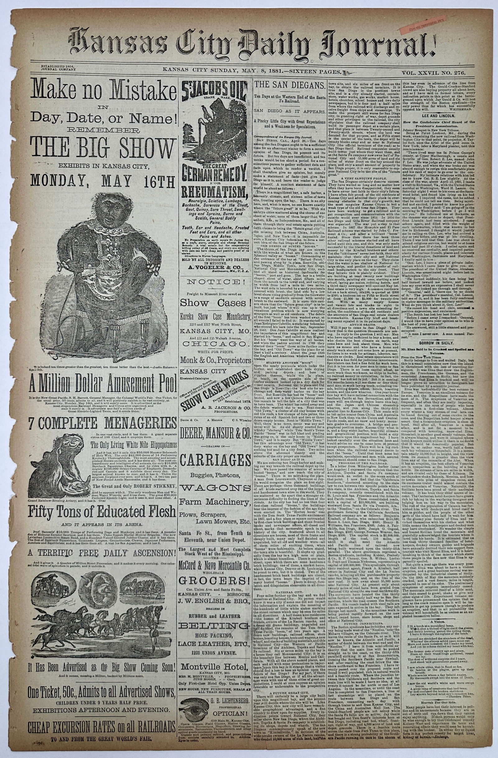 EARLY AMERICAN CIRCUS NEWSPAPER ADVERTISING (1 of 2)