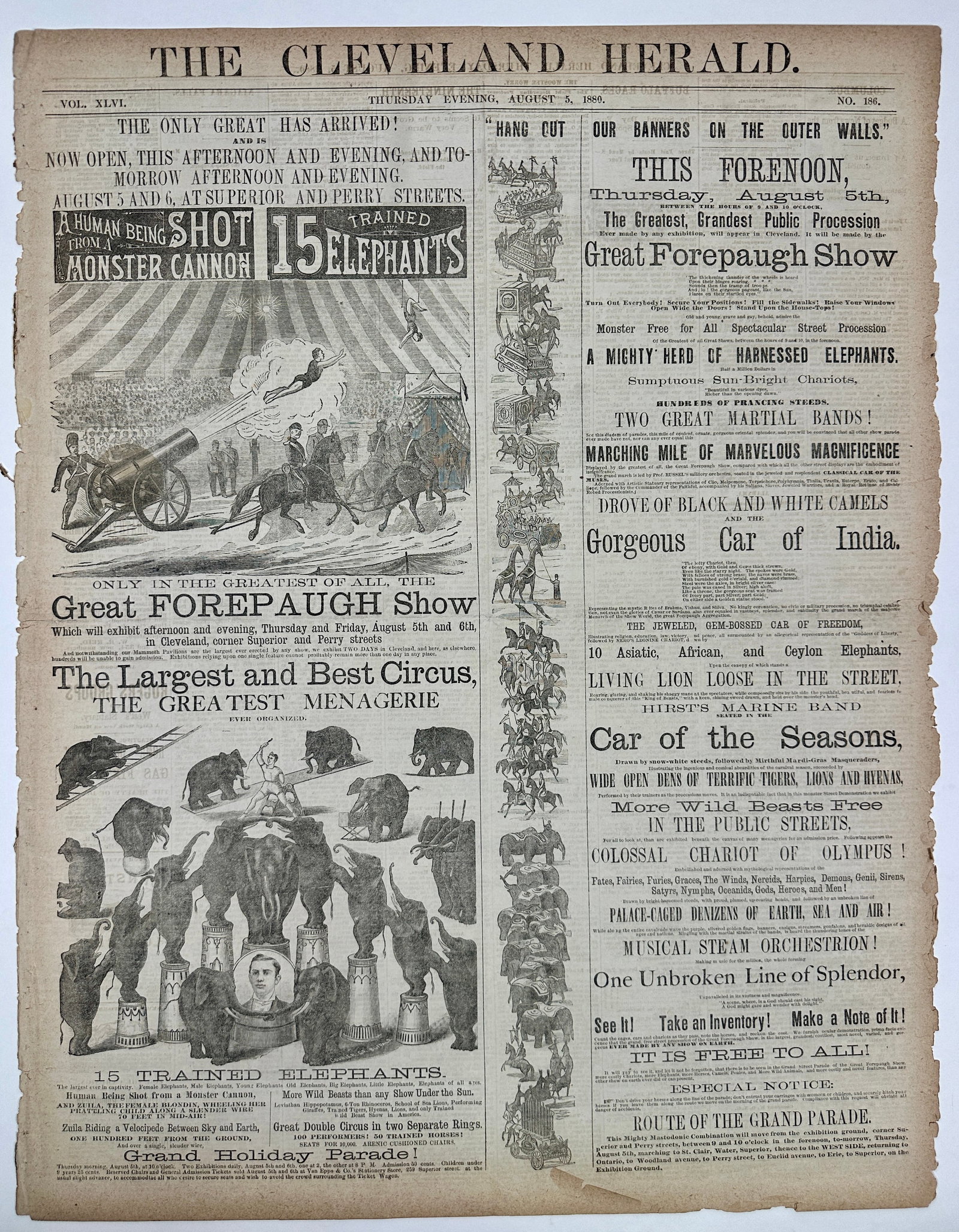 EARLY AMERICAN CIRCUS ADVERTISING - FOREPAUGH: THE CLEVELAND HERALD, AUGUST 5, 1880, WITH ADVERTISING FOR THE GREAT FOREPAUGH SHOW, HUMAN CANNONBALL, TRAINED ELEPHANTS. FRONT PAGE, FULL-PAGE ADVERTISING.