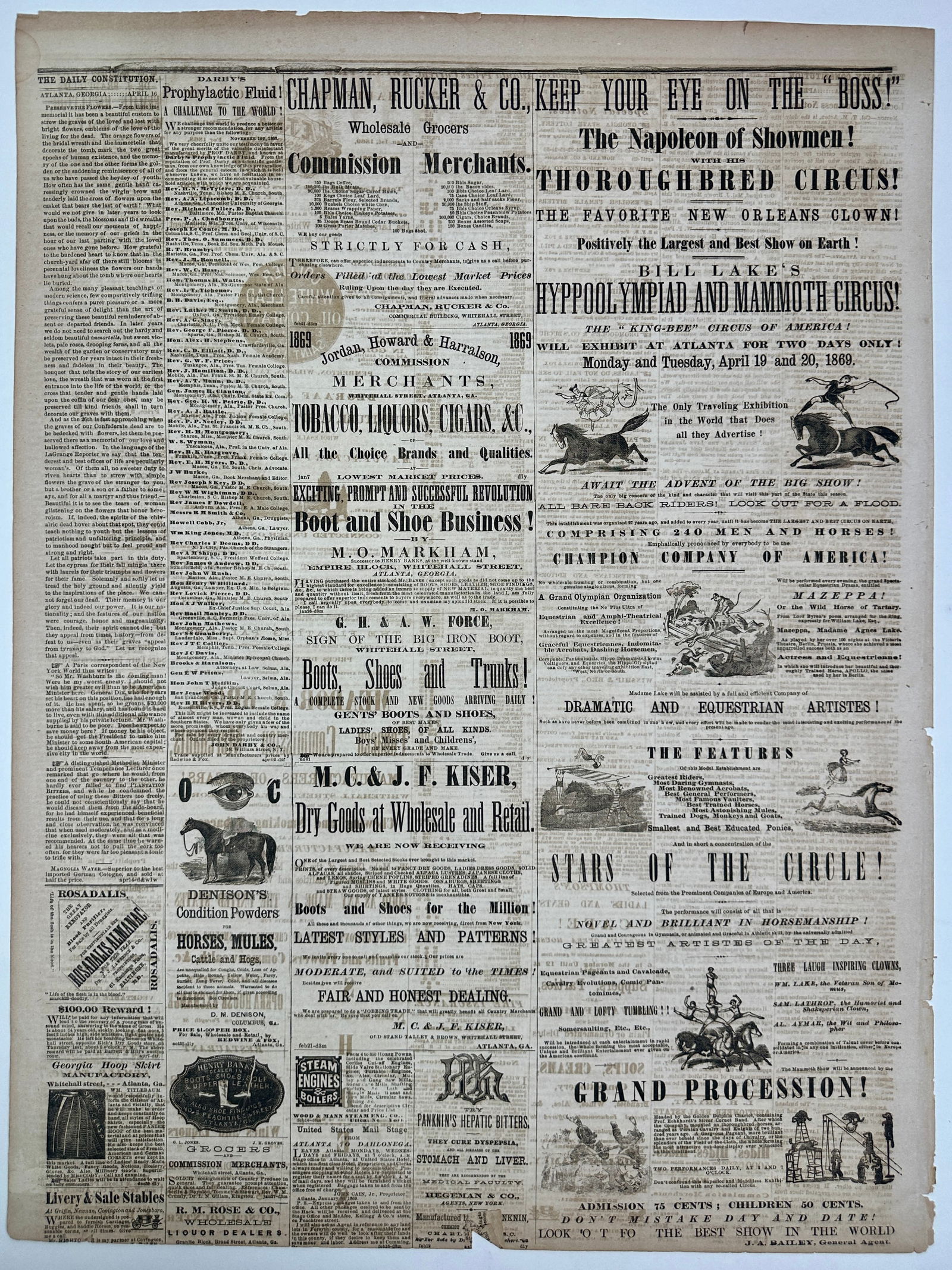 EARLY AMERICAN CIRCUS NEWSPAPER ADVERTISING: THE CONSTITUTION, ATLANTA, GA, APRIL 17, 1869, WITH ADVERTISING FOR BILL LAKE'S HYPOOLYMPIAD AND MAMMOTH CIRCUS, J.A. BAILEY, GENERAL AGENT. BACK PAGE, TWO COLUMN, FULL-LENGTH. UNMOUNTED.