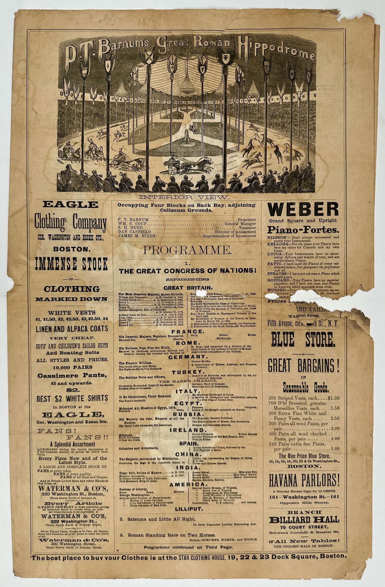 P.T. BARNUM'S GREAT ROMAN HIPPODROME PROGRAM: 1874 PROGRAM FOR THE BARNUM'S HIPPODROME INCLUDING: THE GREAT CONGRESS OF NATIONS, HIPPODROME RACES, AVERY THE PEDESTRIAN. SOILING, LOSS AS SHOWN.