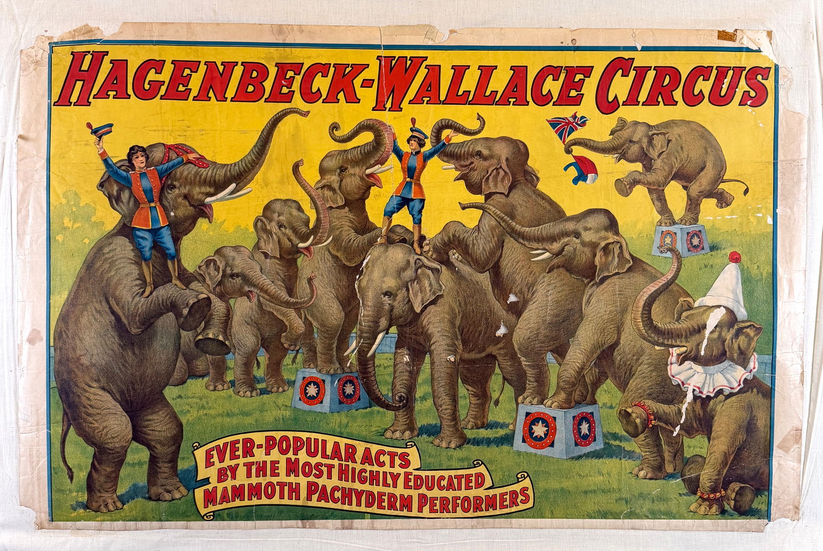 HAGENBECK-WALLACE CIRCUS POSTER: ORIGINAL, AUTHENTIC HAGENBECK-WALLACE CIRCUS POSTER - HIGHLY EDUCATED MAMMOTH PACHYDERM PERFORMERS. ONE SHEET, C.1929. OLD LINEN MOUNTING, SCATTERED LOSS, CLOSED TEARS. APPROX. 28"X42"