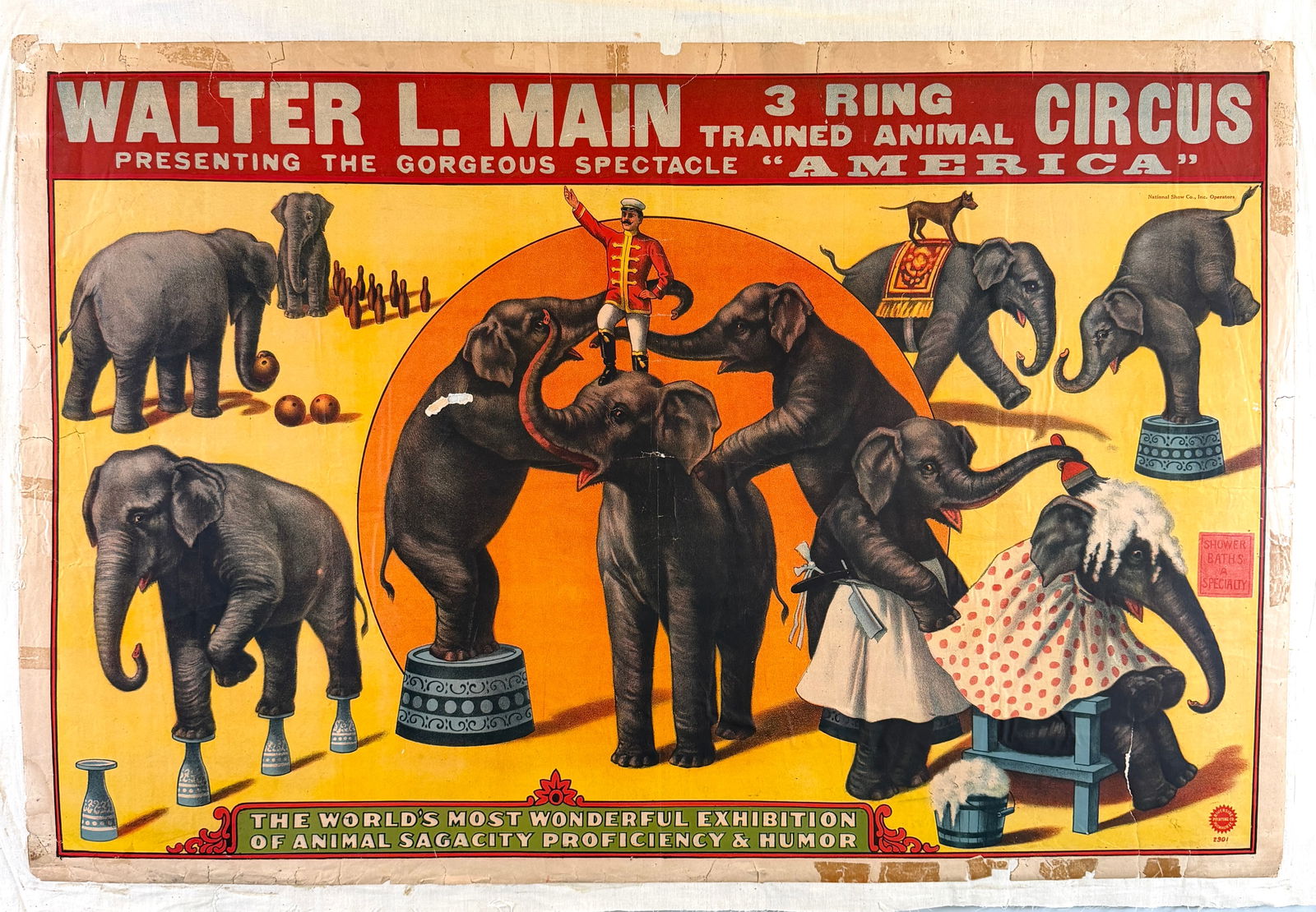 WALTER L. MAIN CIRCUS POSTER: ORIGINAL, AUTHENTIC WALTER L. MAIN 3 RING TRAINED ANIMAL CIRCUS - PRESENTING THE GORGEOUS SPECTACLE - AMERICA. ONE SHEET, RIVERSIDE PRINTING, C.1930. OLD LINEN MOUNTED, WEAR AT MARGINS. APPROX. 28"X42