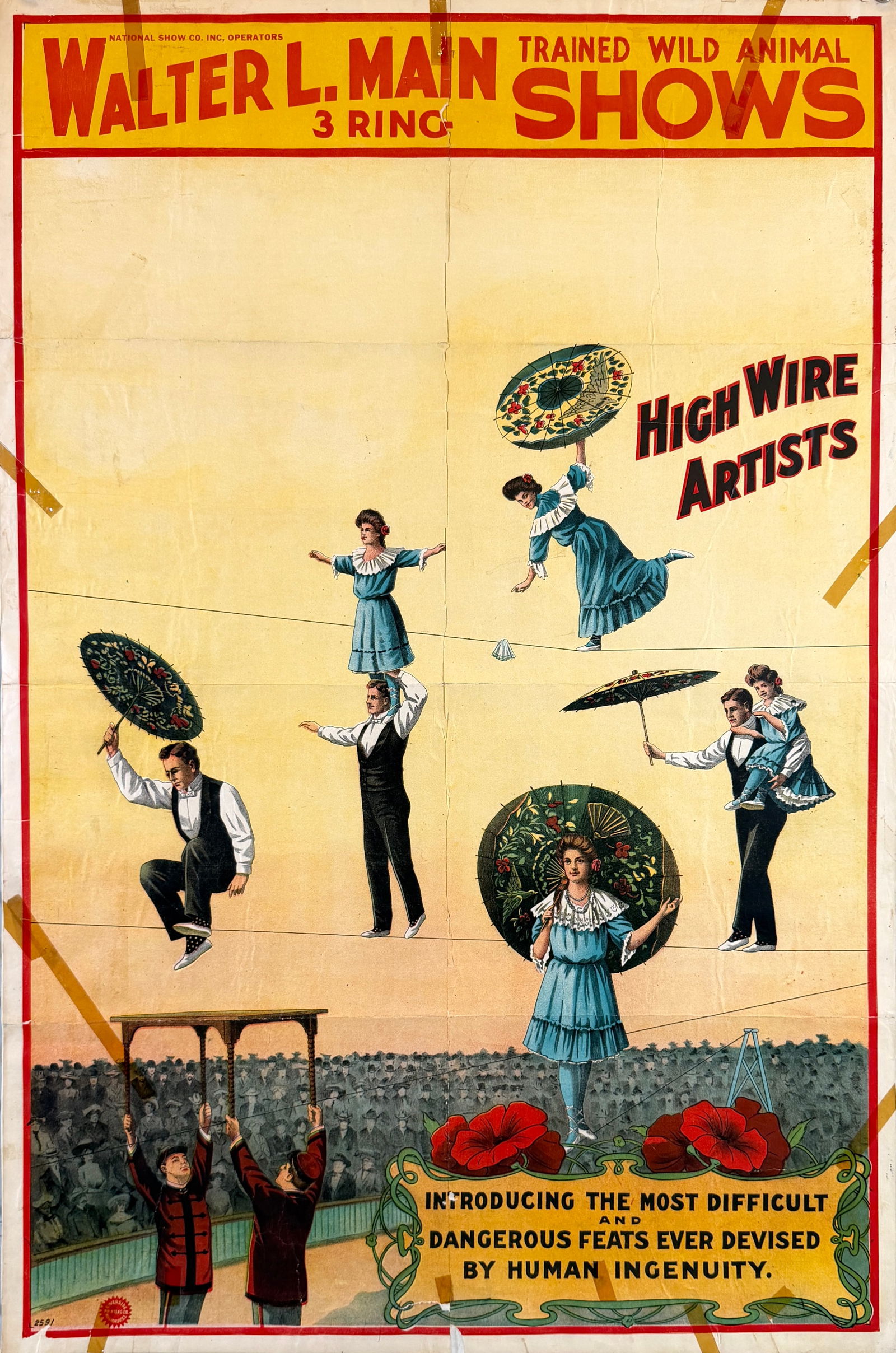 WALTER L. MAIN CIRCUS POSTER: ORIGINAL, AUTHENTIC WALTER L. MAIN 3 RING TRAINED ANIMAL CIRCUS - HIGH WIRE ARTISTS. ONE SHEET, RIVERSIDE PRINTING, C.1930. OLD LINEN MOUNTED, WEAR AT MARGINS, TAPE, FOLDS AS ISSUED. APPROX. 28"X42"