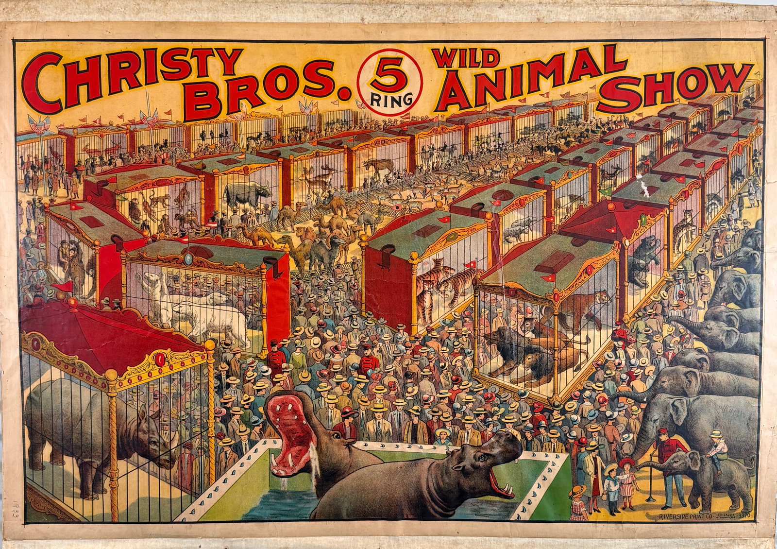 CHRISTY BROS. CIRCUS POSTER: ORIGINAL, AUTHENTIC CHRISTY BROS. 5 RING WILD ANIMAL SHOW POSTER - MENAGERIE SCENE. ONE SHEET, RIVERSIDE PRINTING, C.1925. CHARTEX, SOILING, STAINS. APPROX. 28"X42"