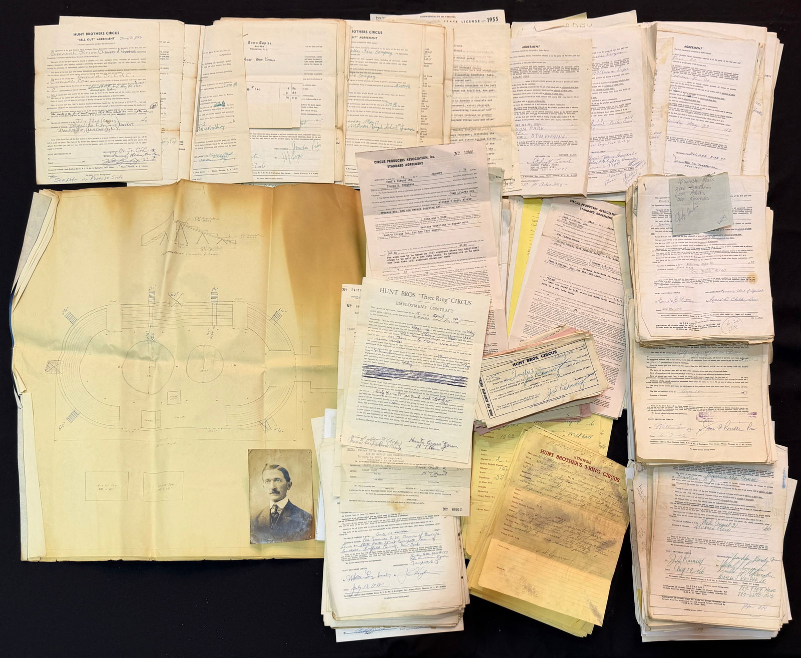 HUNT BROS. CIRCUS CONTRACTS, TENTS, PERFORMERS: INCLUDES A RUN OF SYNOPSIS REPORTS FOR 1946, OPERATING AGREEMENTS, PERFORMER CONTRACTS, TENT DRAWINGS. 1950'S-60'S. THE HUNT BROS. CIRCUS OPERATED FROM 1863-1969; 1975-77.
