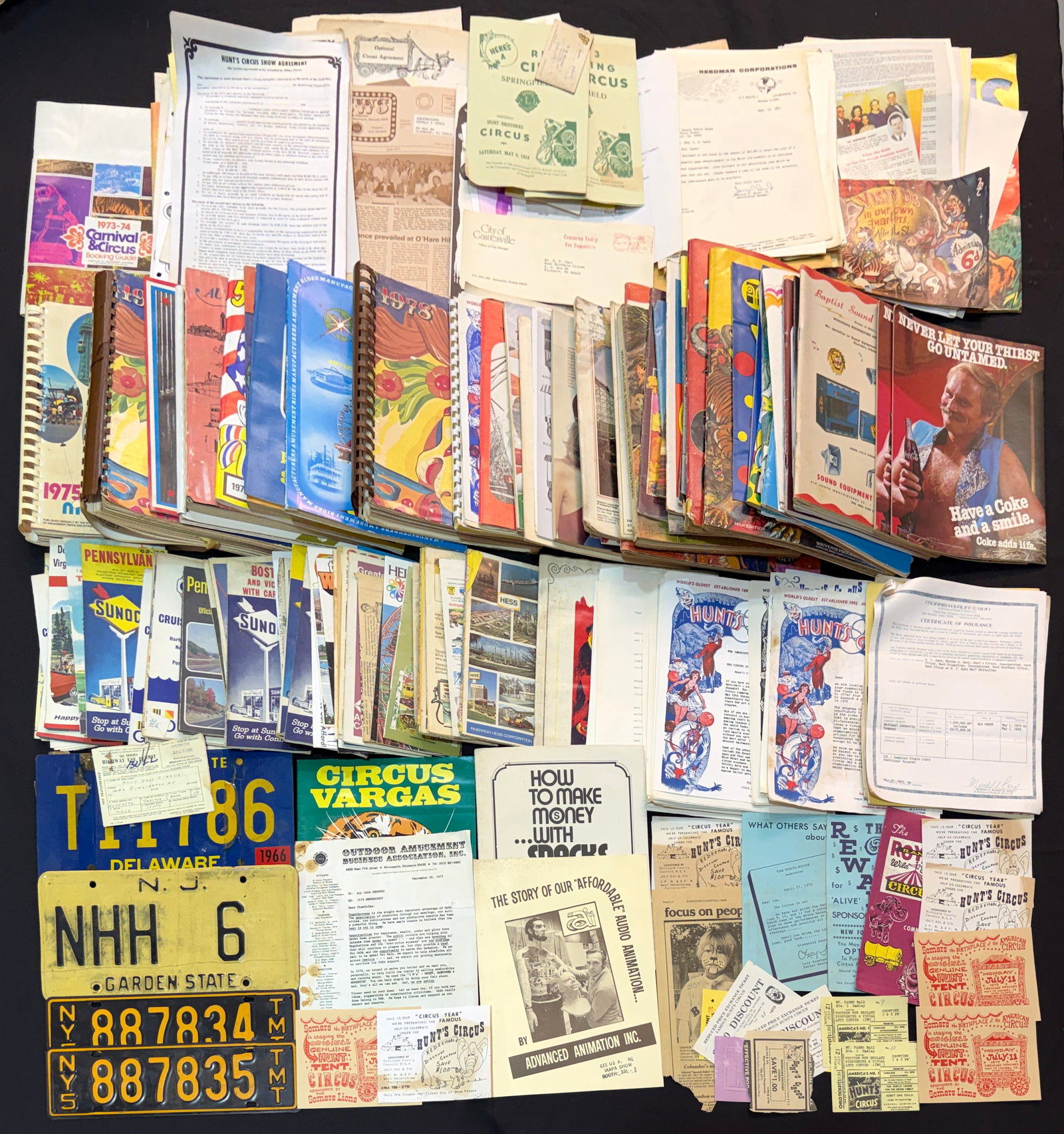 HUNT BROS. CIRCUS MEMORABILIA: PRIMARILY 1970'S INCLUDING MAPS, AUTO TAGS, TRADE MAGAZINES, PROGRAMS AND MORE. THREE BANKER'S BOXES OF MATERIALS. THE HUNT BROS. CIRCUS OPERATED FROM 1863-1969; 1975-77.