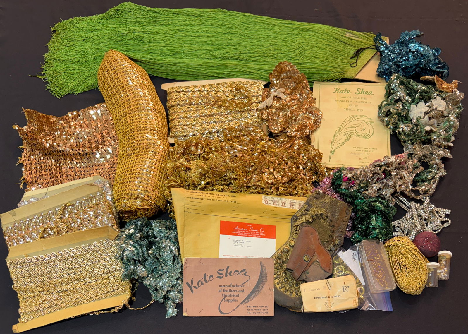 HUNT BROS. CIRCUS WARDROBE SHOP ITEMS: EXCESS MATERIALS FROM THE WARDROBE SHOP INCLUDING SEQUINS, FRINGE, TRIM AND MORE. THE HUNT BROS. CIRCUS OPERATED FROM 1863-1969; 1975-77.